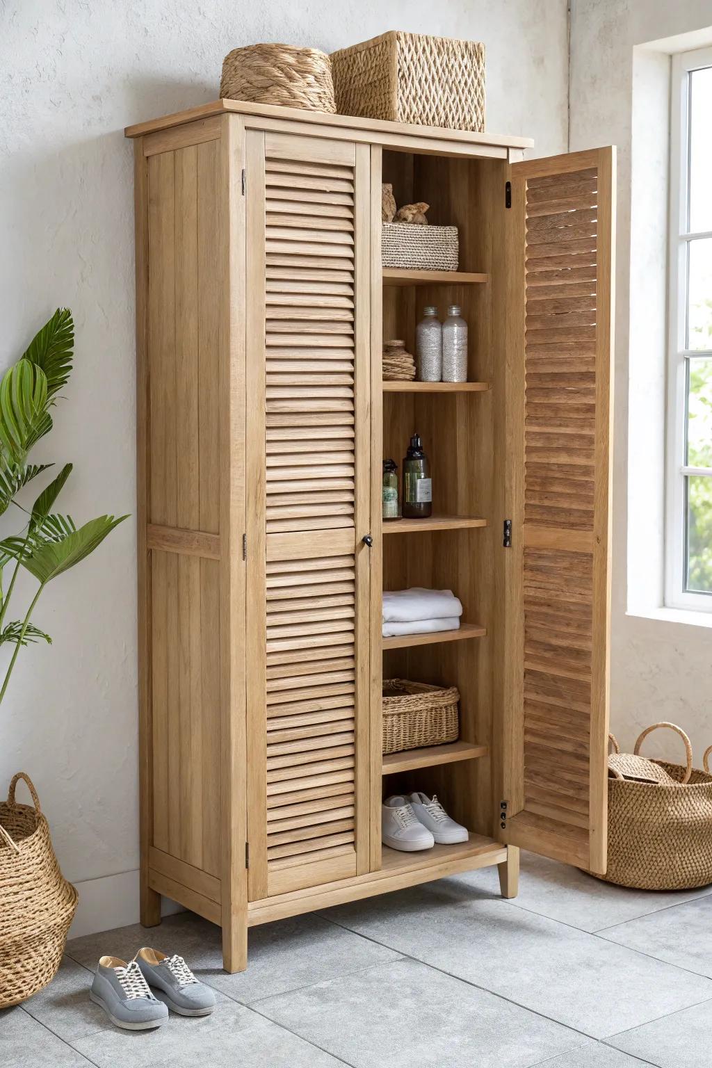 Locker-style oak cabinet with shoe zones below and tidy laundry storage above—clean and calm.
