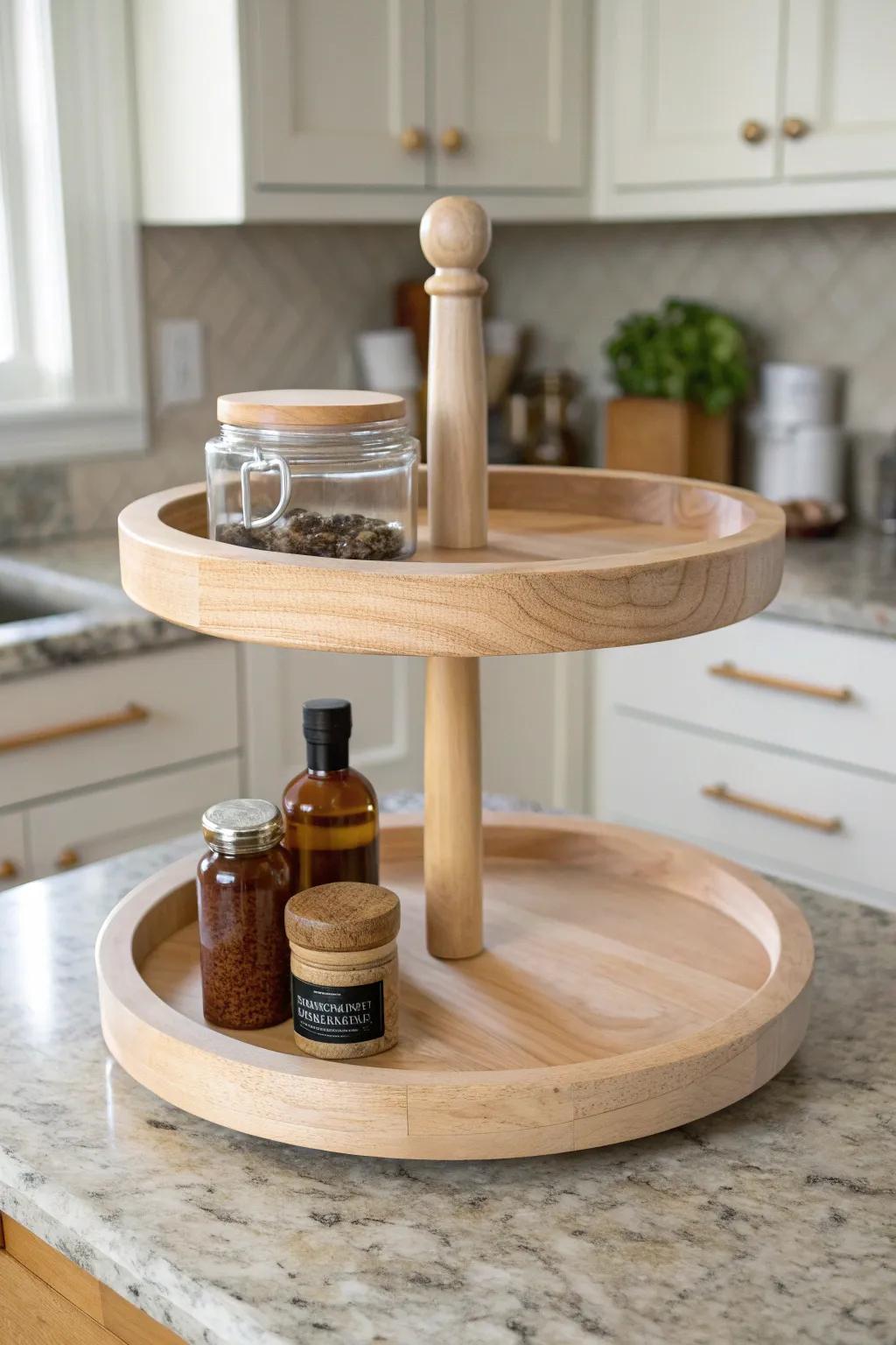 Two-tier wooden lazy Susan: extra height, less clutter, and a slim rim to keep jars steady.