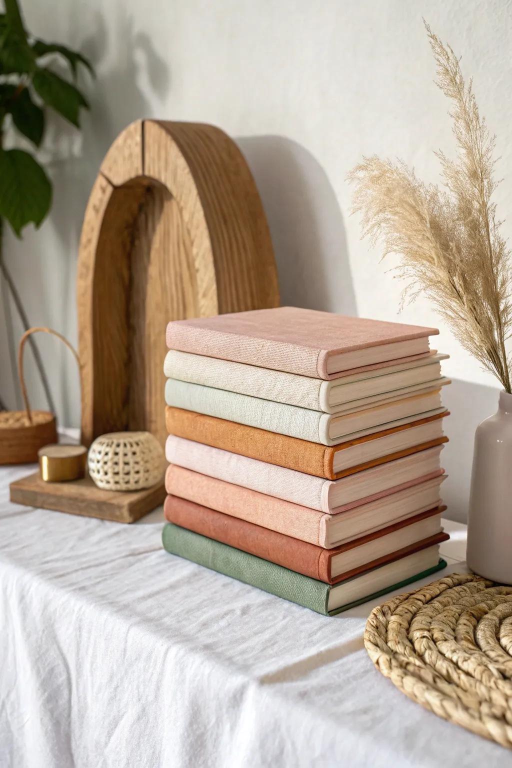 Color-sorted stacks with breathing room: an easy way to make shelves feel calm and curated.