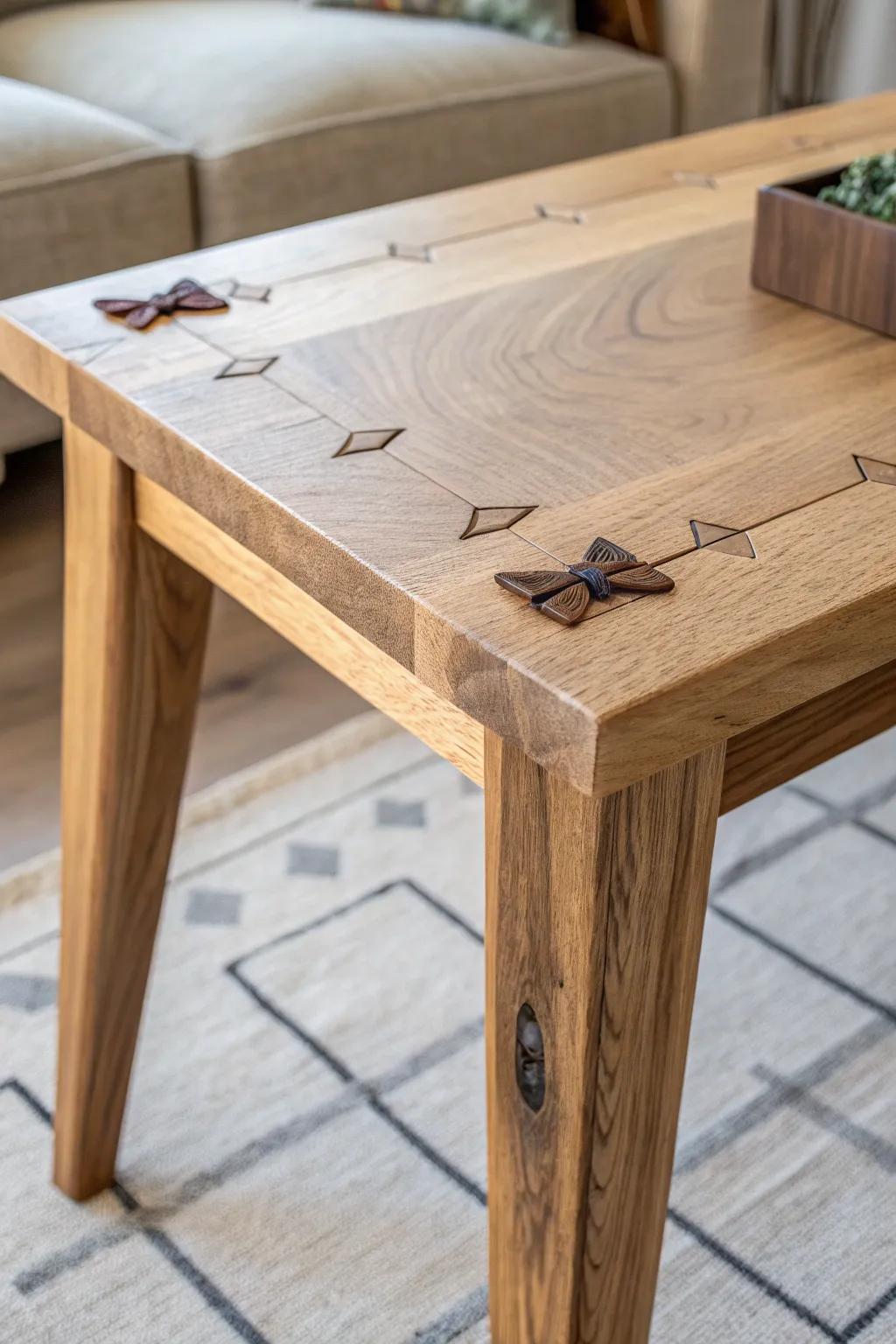 Turn cracks into art: contrasting walnut bowtie keys on a live edge end table.
