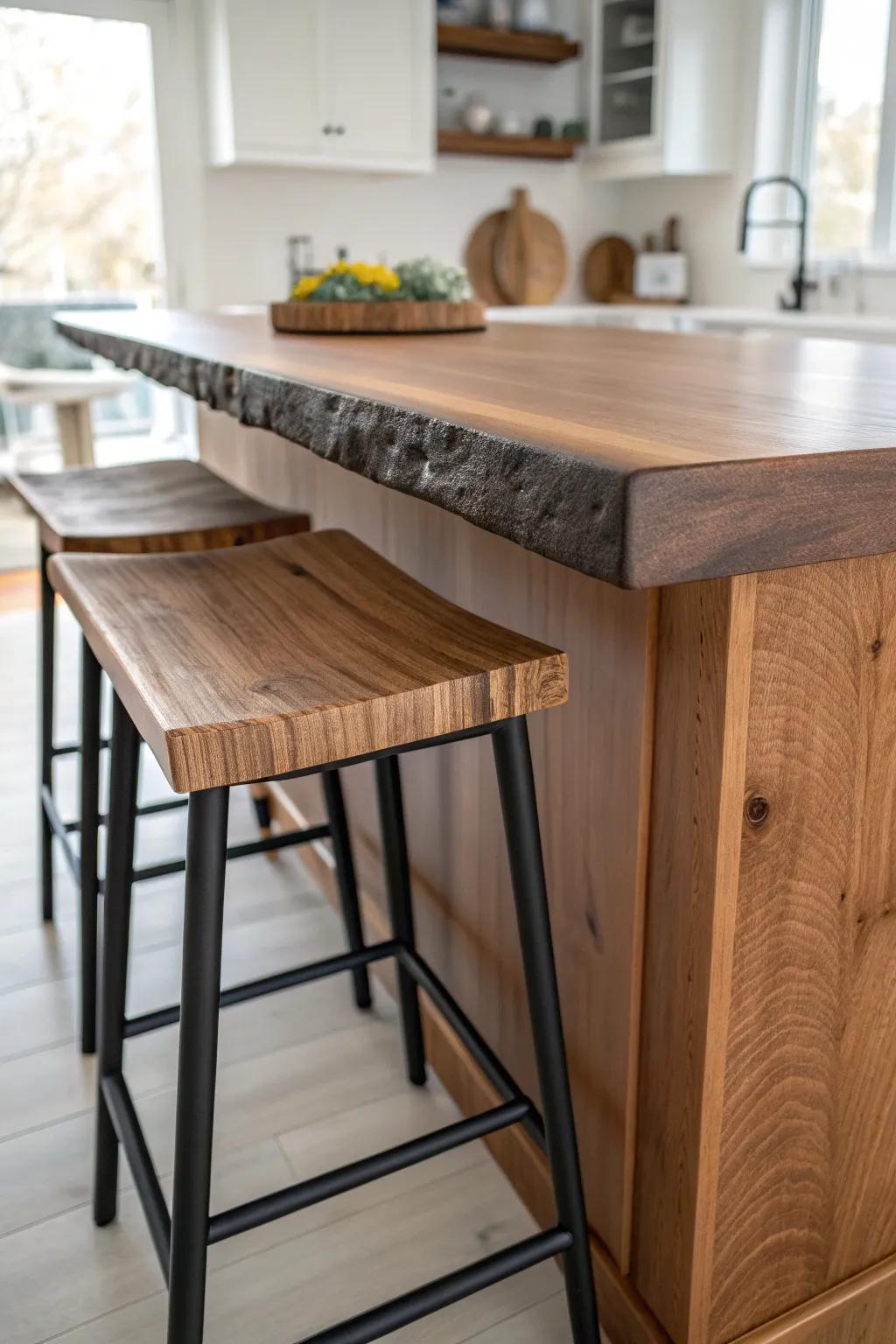 A sleek matte-black footrest bar adds comfort and a finished look to a live edge island.
