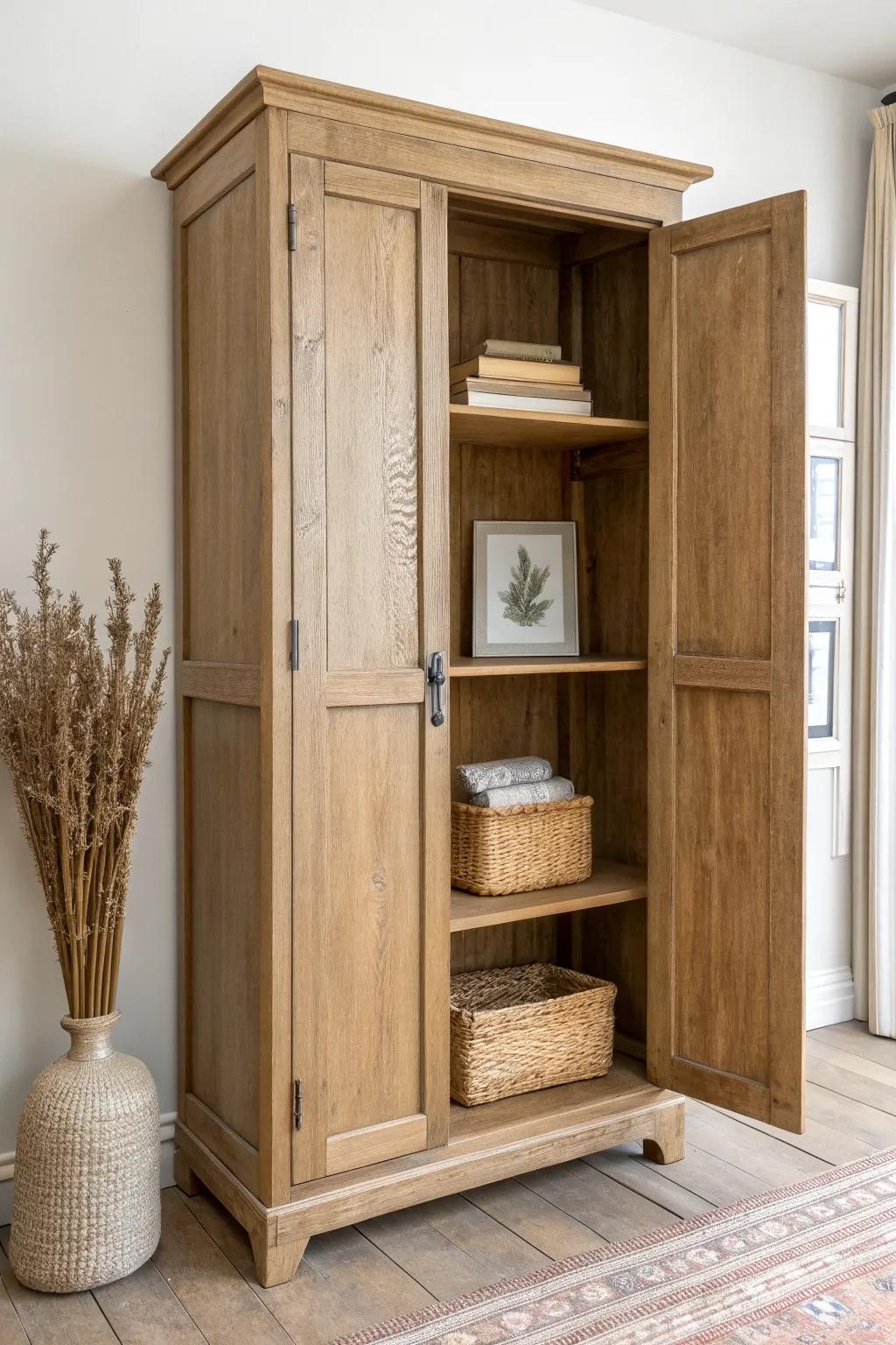 Doorless armoire turned open shelves—clean face frame, warm wood, and boho baskets.