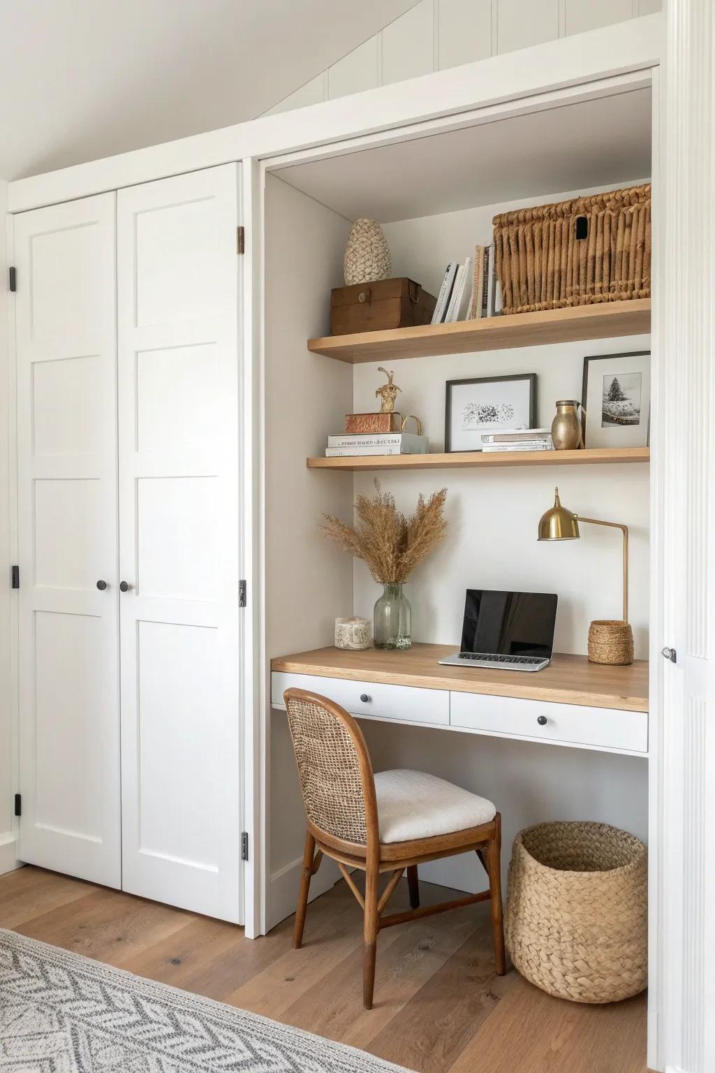 Close the doors, hide the workday—this living room closet cloffice feels effortlessly calm.