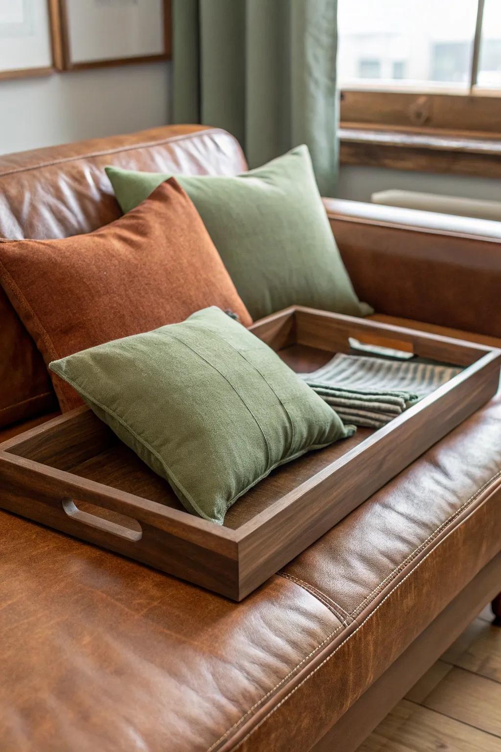 Olive and rust accents warm up a brown couch for an earthy, collected-over-time look.