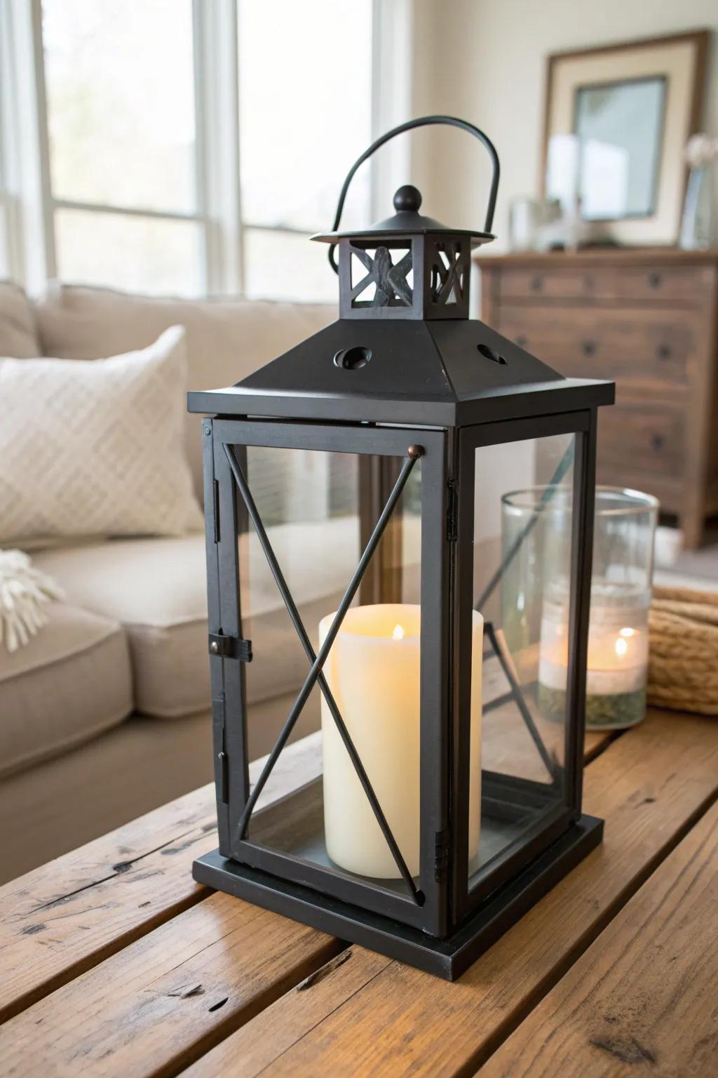 Add farmhouse charm with a single metal-and-wood lantern—cozy, collected, and minimal.