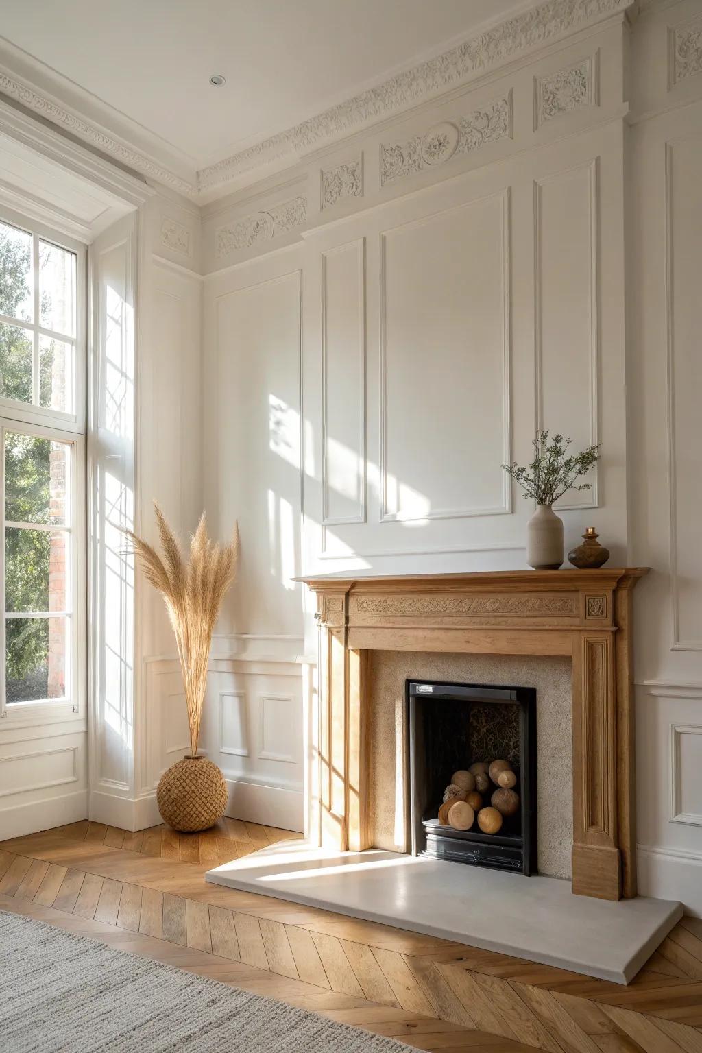 Symmetrical wall moulding panels frame the fireplace for a built-in, elevated focal wall.