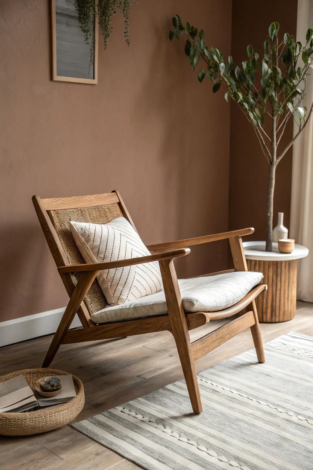 Taupe and mushroom tones soften oak’s boldness—add bouclé texture for instant warmth.