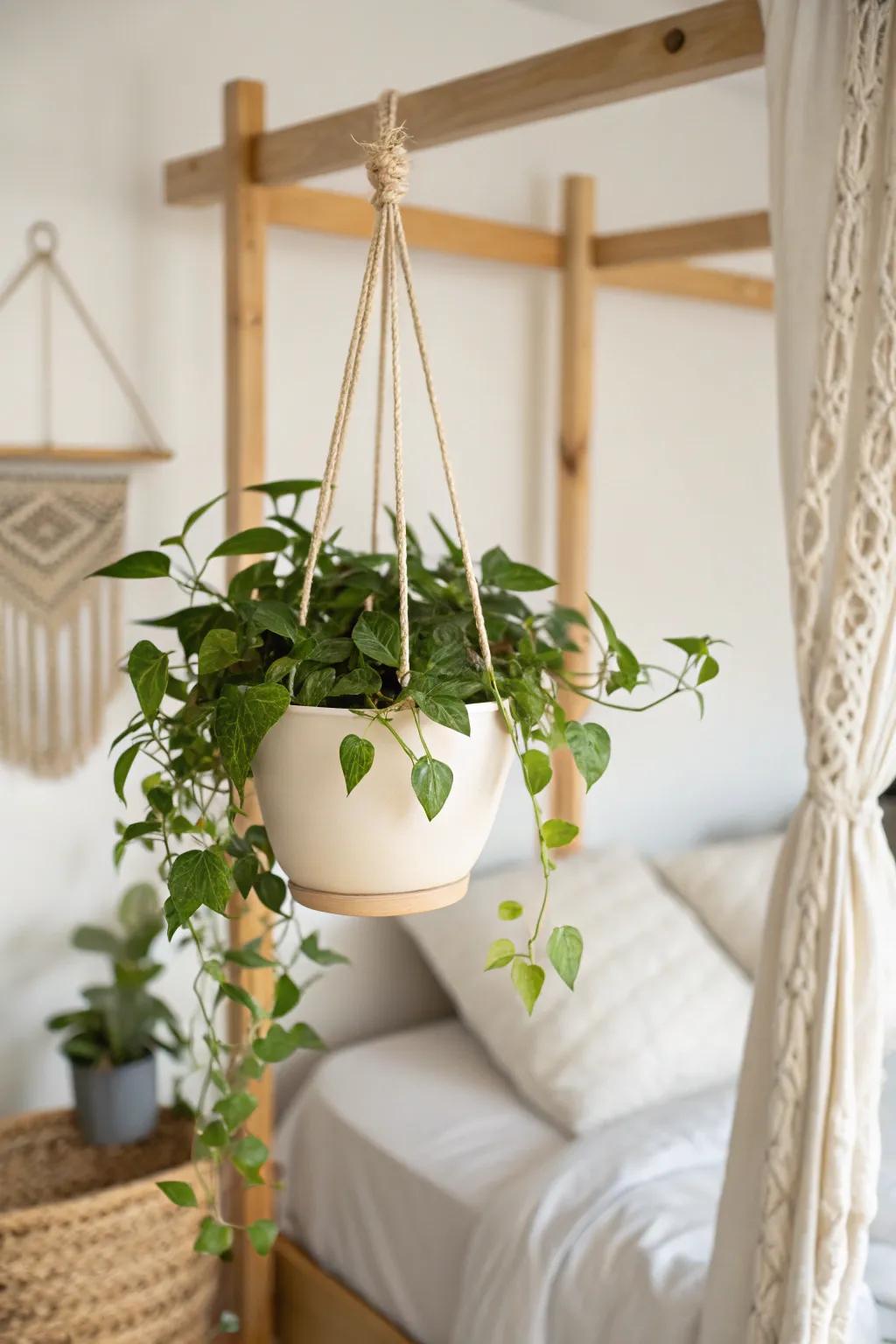 A trailing hanging plant turns a simple loft bed into a dreamy, treehouse-like canopy.