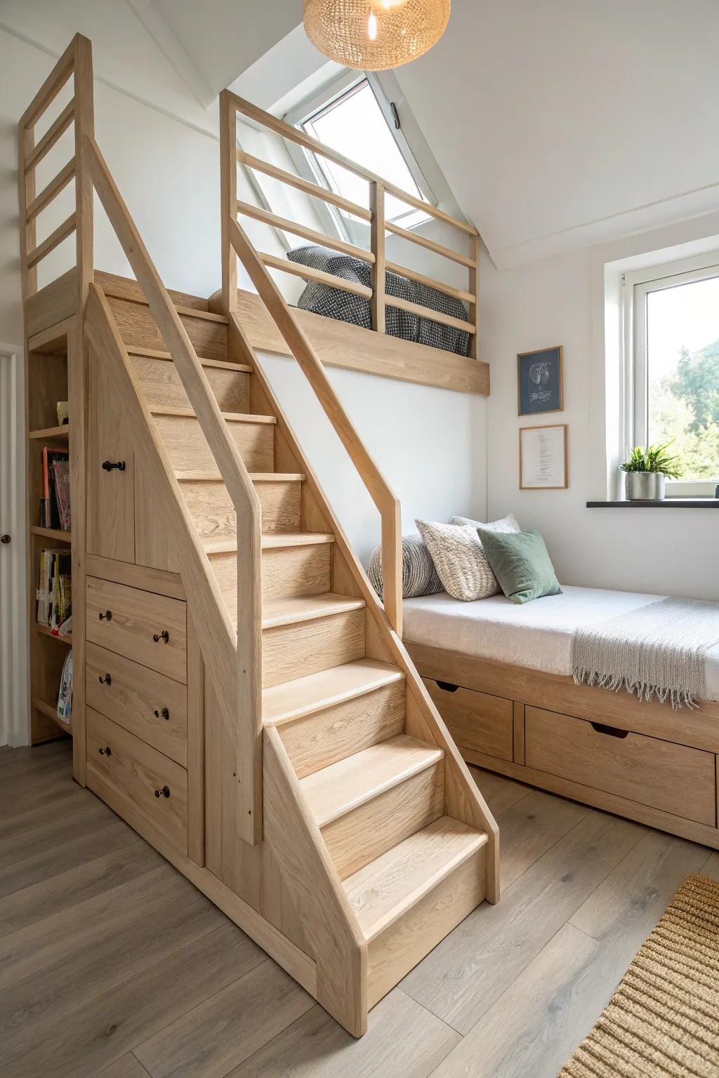 Gentle long-side loft bed stairs in pale oak, wide treads and clean lines for easy, cozy climbs.