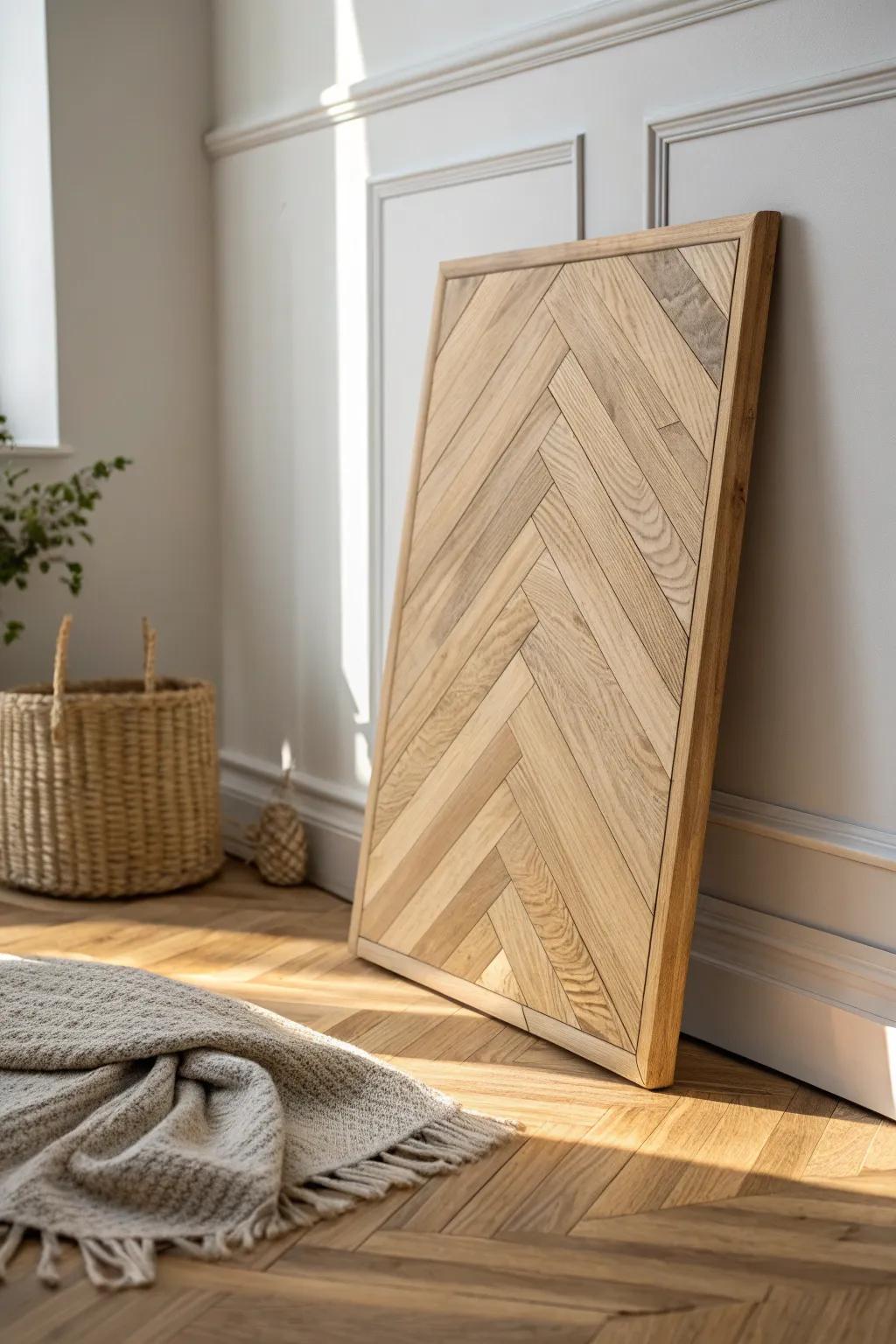 Herringbone oak flooring sample—small loft, big impact with timeless craftsmanship.