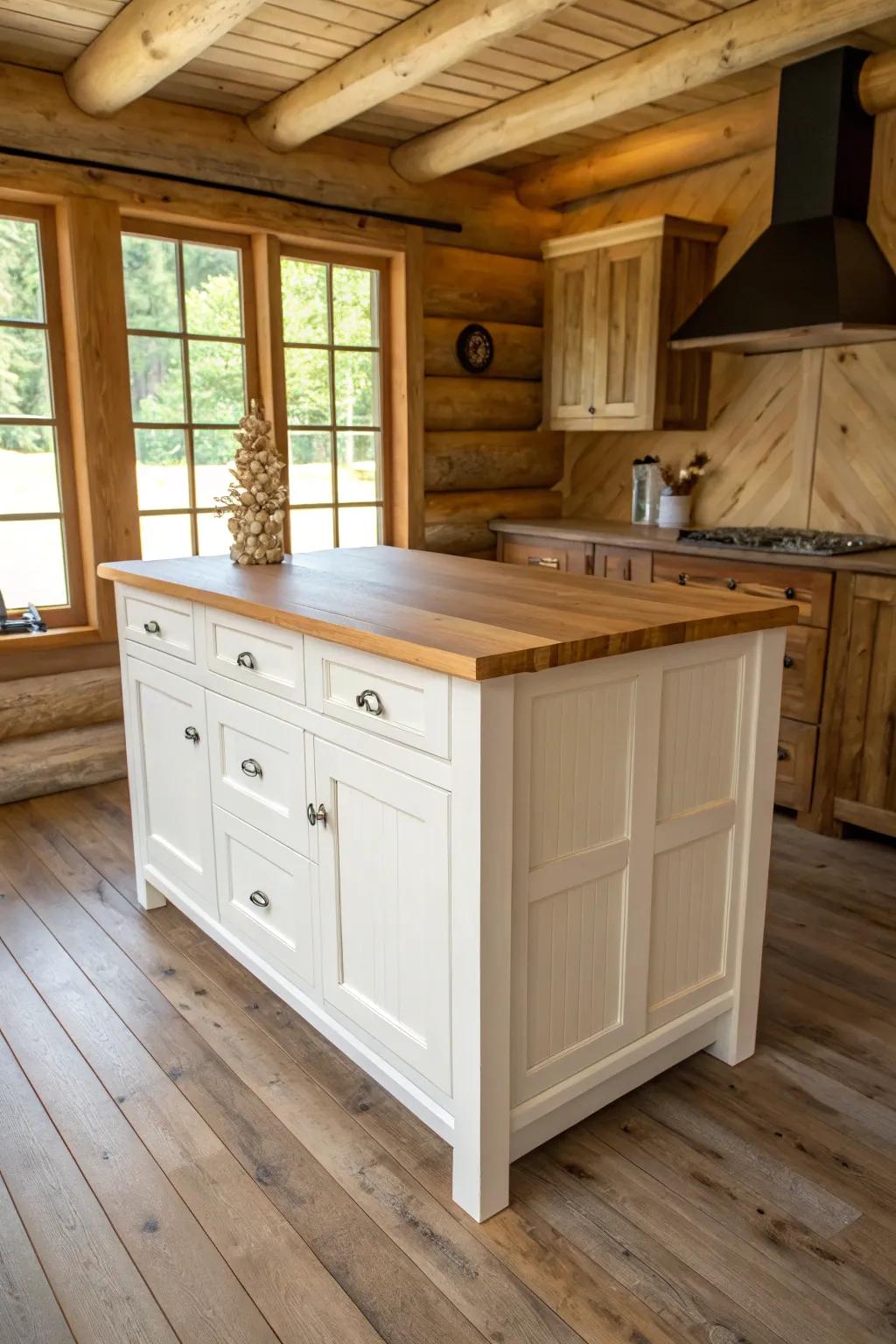 A tiny cabin bump-out, a real wood island—seamless flooring makes the kitchen feel twice as big.