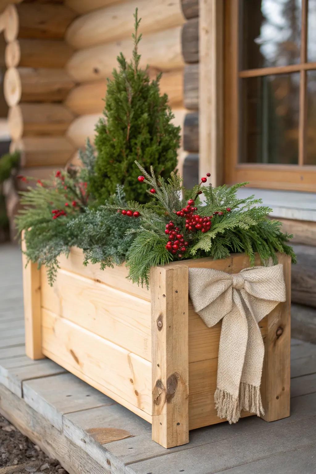 Evergreen boughs, red berries, and a simple bow—instant log cabin curb appeal.