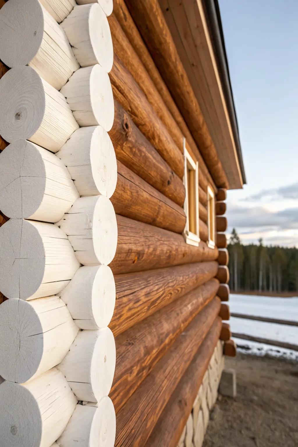Crisp white chinking on medium-brown logs brings a clean, classic contrast to any cabin exterior.