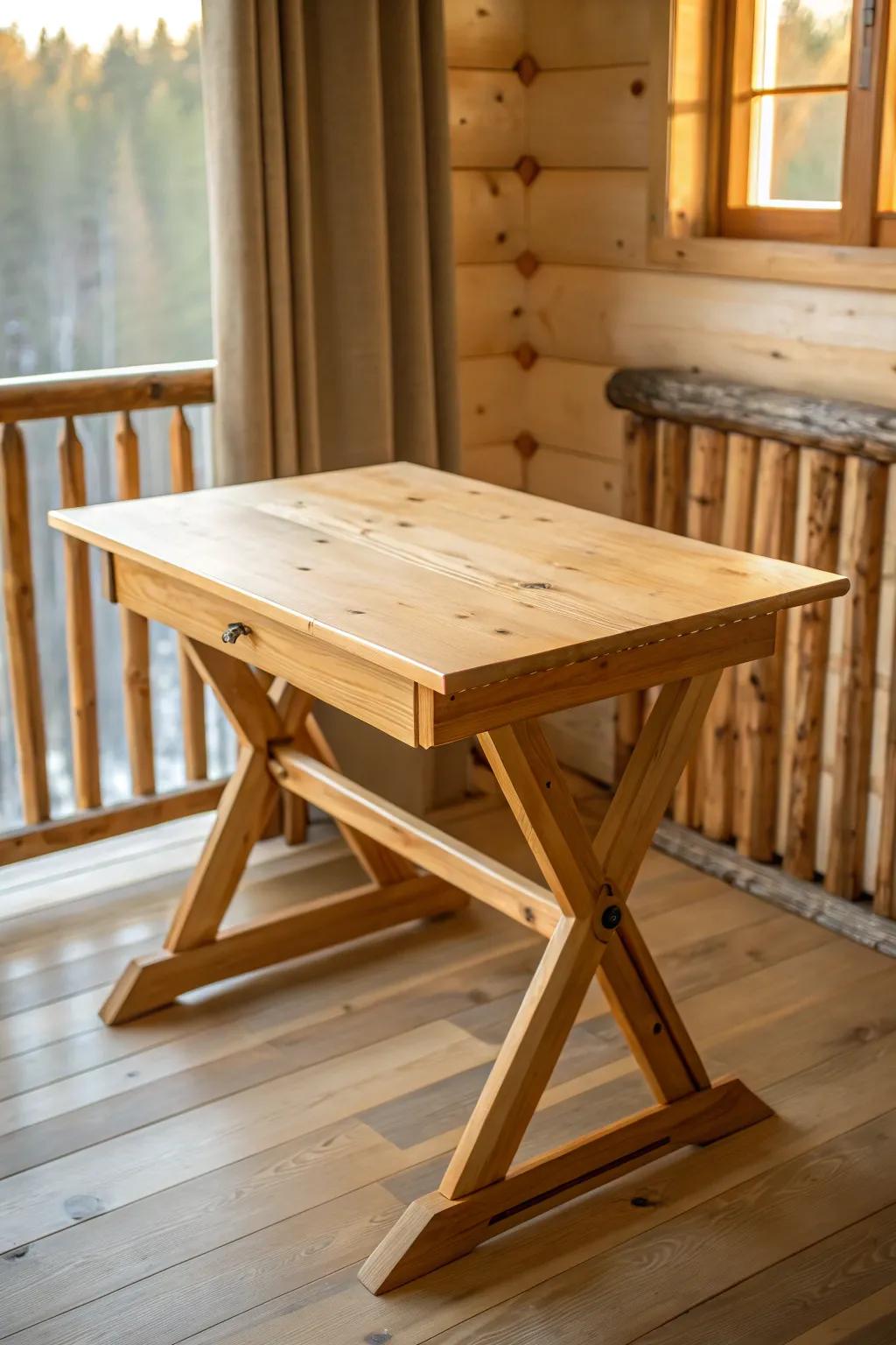 A thick-top cabin loft game table—built for puzzles, cards, cocoa, and cozy nights in.