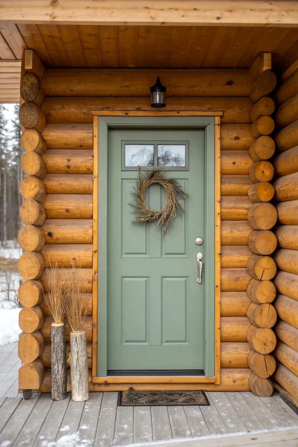 Muted sage trim softens log cabin exteriors—airy, cottage-inspired, and beautifully grounded.
