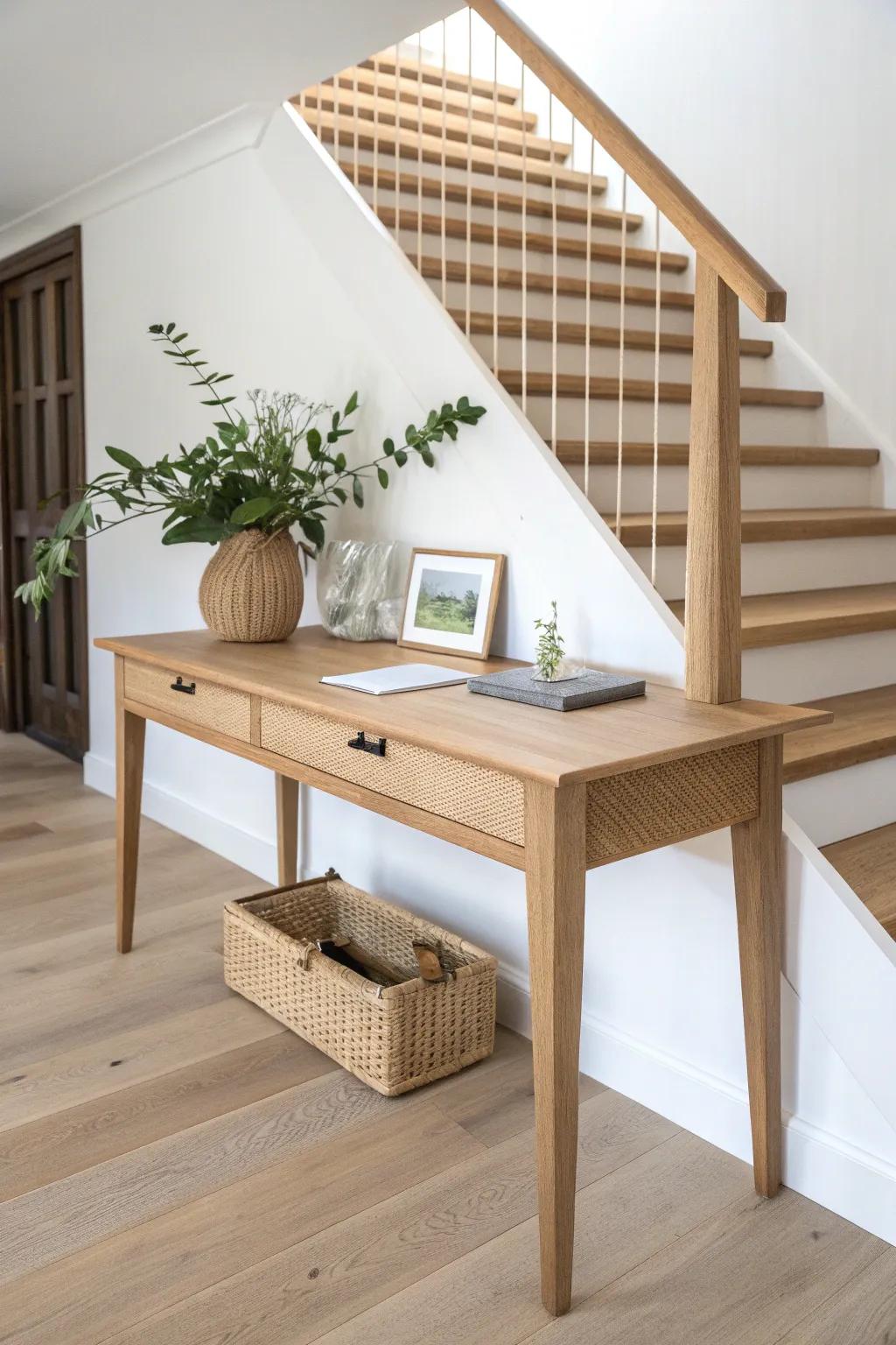 A long oak desk tucked beneath the stairs—minimal, warm, and perfectly space‑saving.