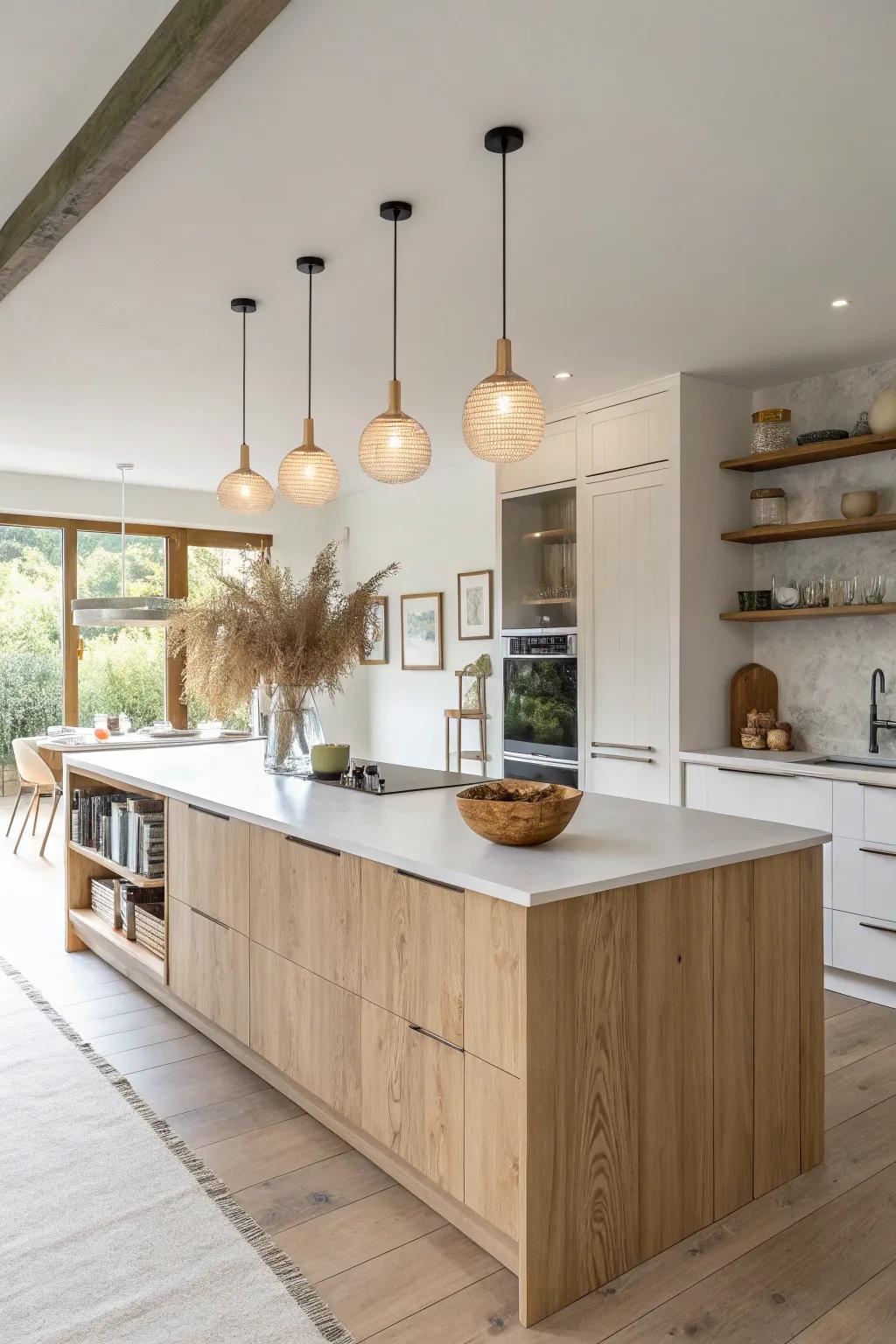 A straight row of warm pendants turns a long island into the kitchen’s elegant focal point.