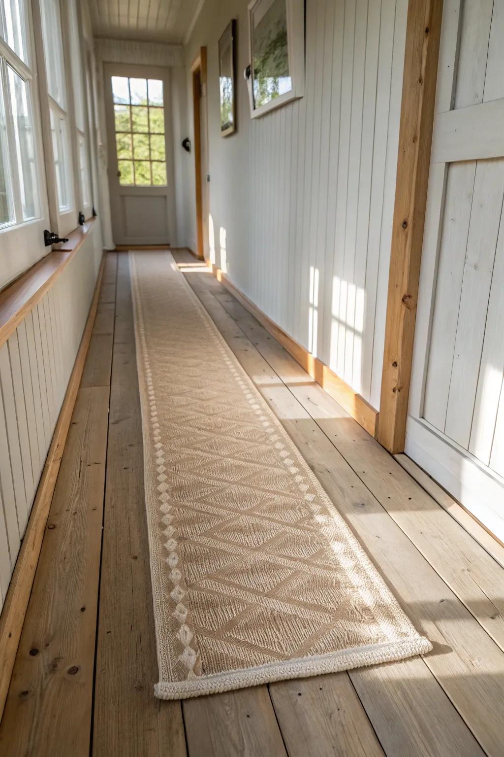 A woven runner rug defines the walkway, adds warmth, and makes a narrow mudroom feel finished.