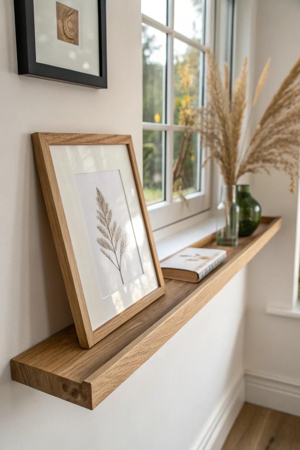 Slim oak picture ledge shelf for easy art swaps—minimal, airy, and beautifully handcrafted.
