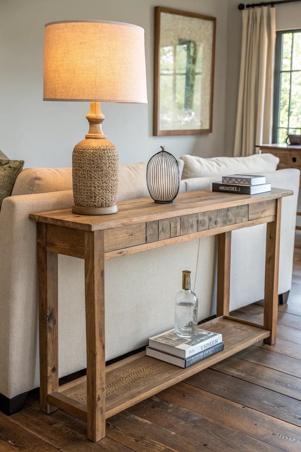 A skinny reclaimed-wood console behind the loveseat adds light, decor, and hidden power.