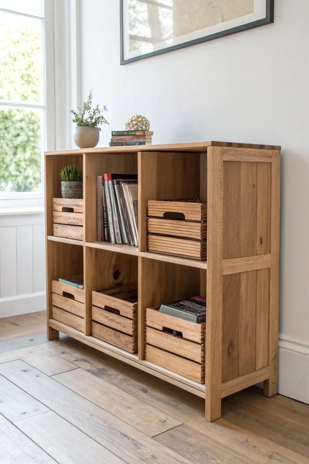 Low bookshelf with sliding wooden crates—hide remotes and clutter while books stay on display.