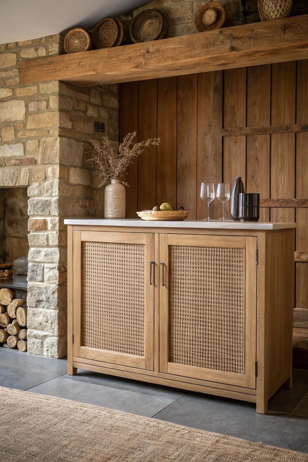 Light oak craftsmanship pops against a brick accent wall for a cozy, luxury basement bar vibe.