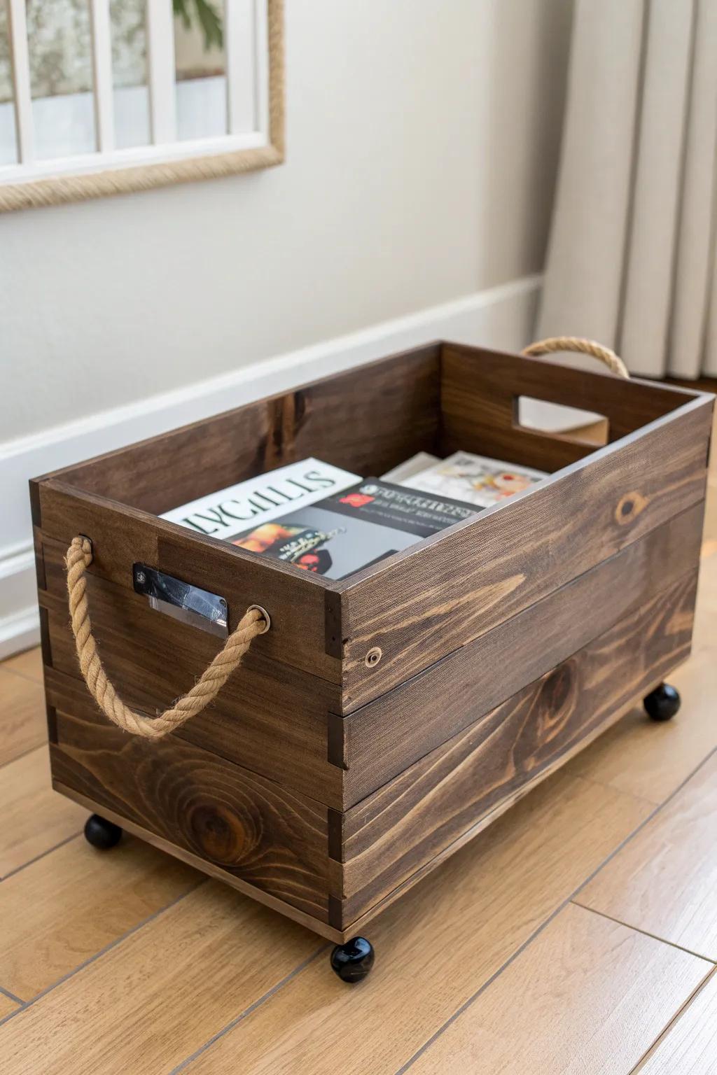 A dark-stained crate bin on casters—sleek magazine storage with rustic rope handles.
