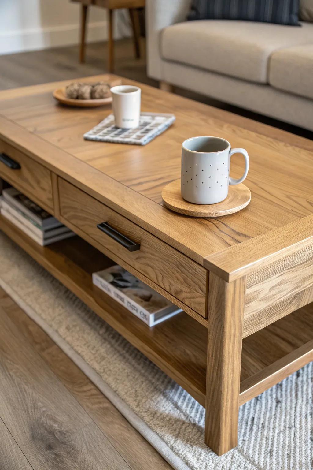 Purpose-built coffee table top with routed cup and coaster recesses—spill-ready, clean, and calm.