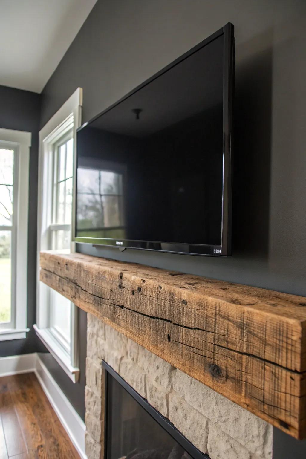 Chunky reclaimed barn-beam mantel brings warm texture and contrast to a dark TV wall.