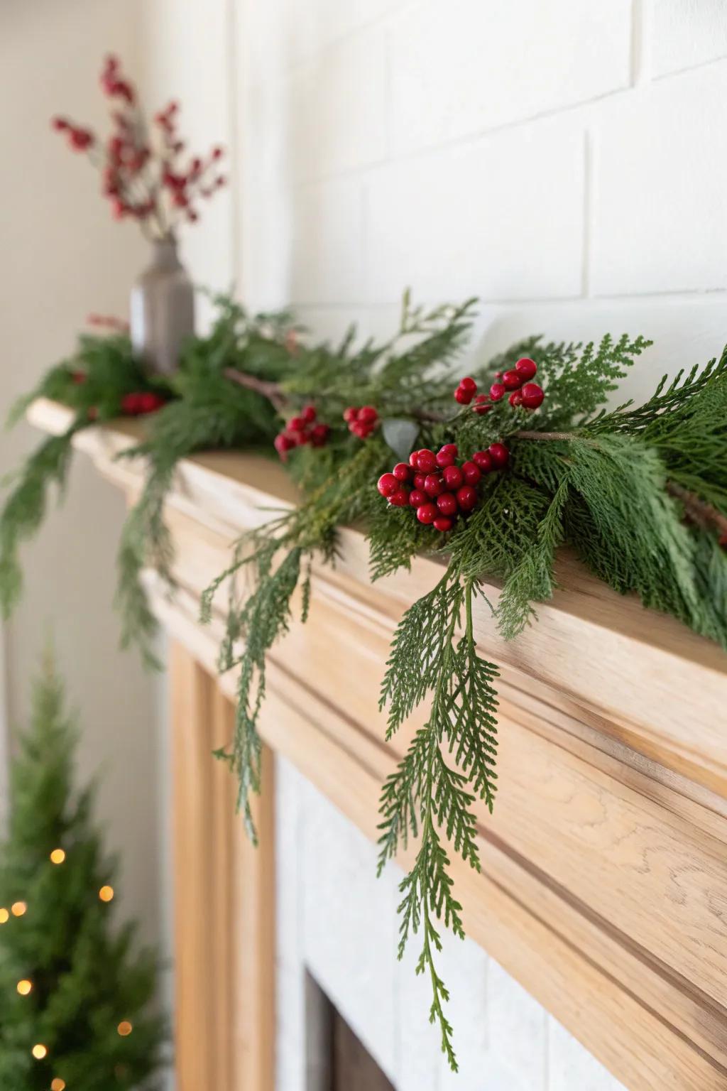 Sparse red berry picks add classic holiday contrast to a simple, handcrafted green garland.