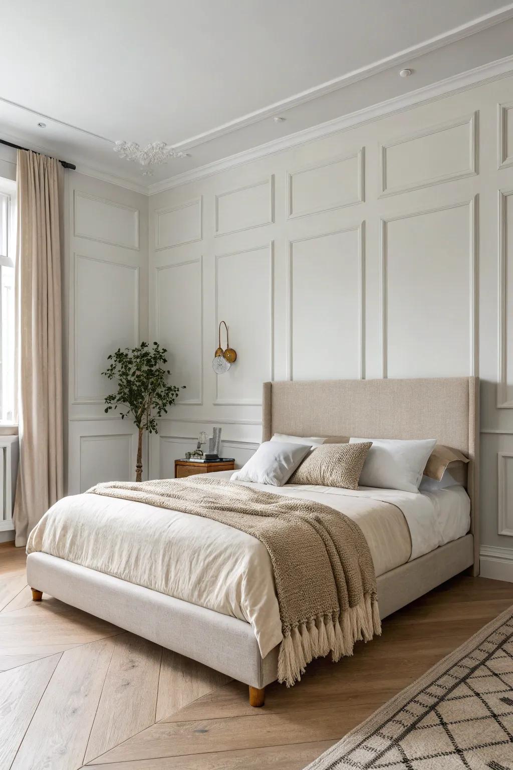 Panel molding that hugs the bed—an elegant headboard frame with Scandinavian calm.