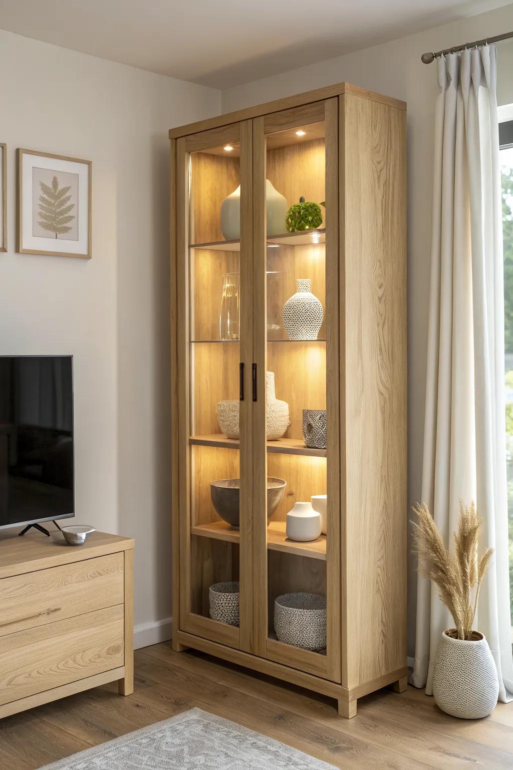 Glass-front media cabinet with warm interior lighting—display ceramics with dust-free style.