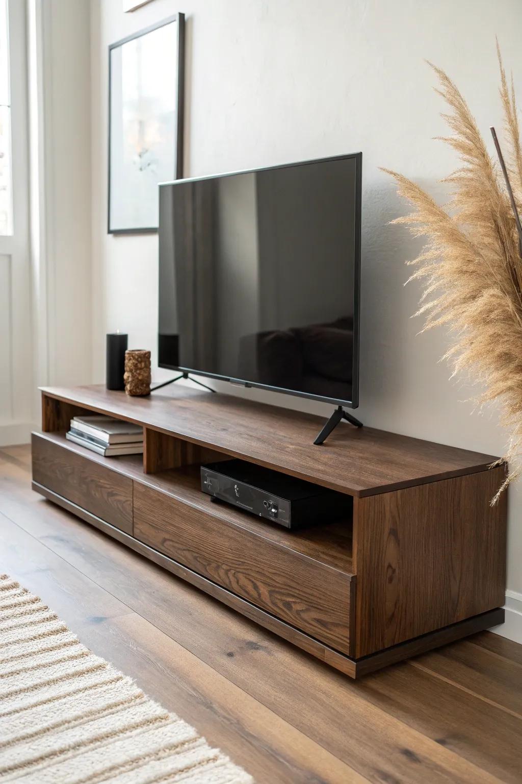 A dark-stained wood riser platform adds cinema vibes and better sightlines—simple, sleek, handmade.