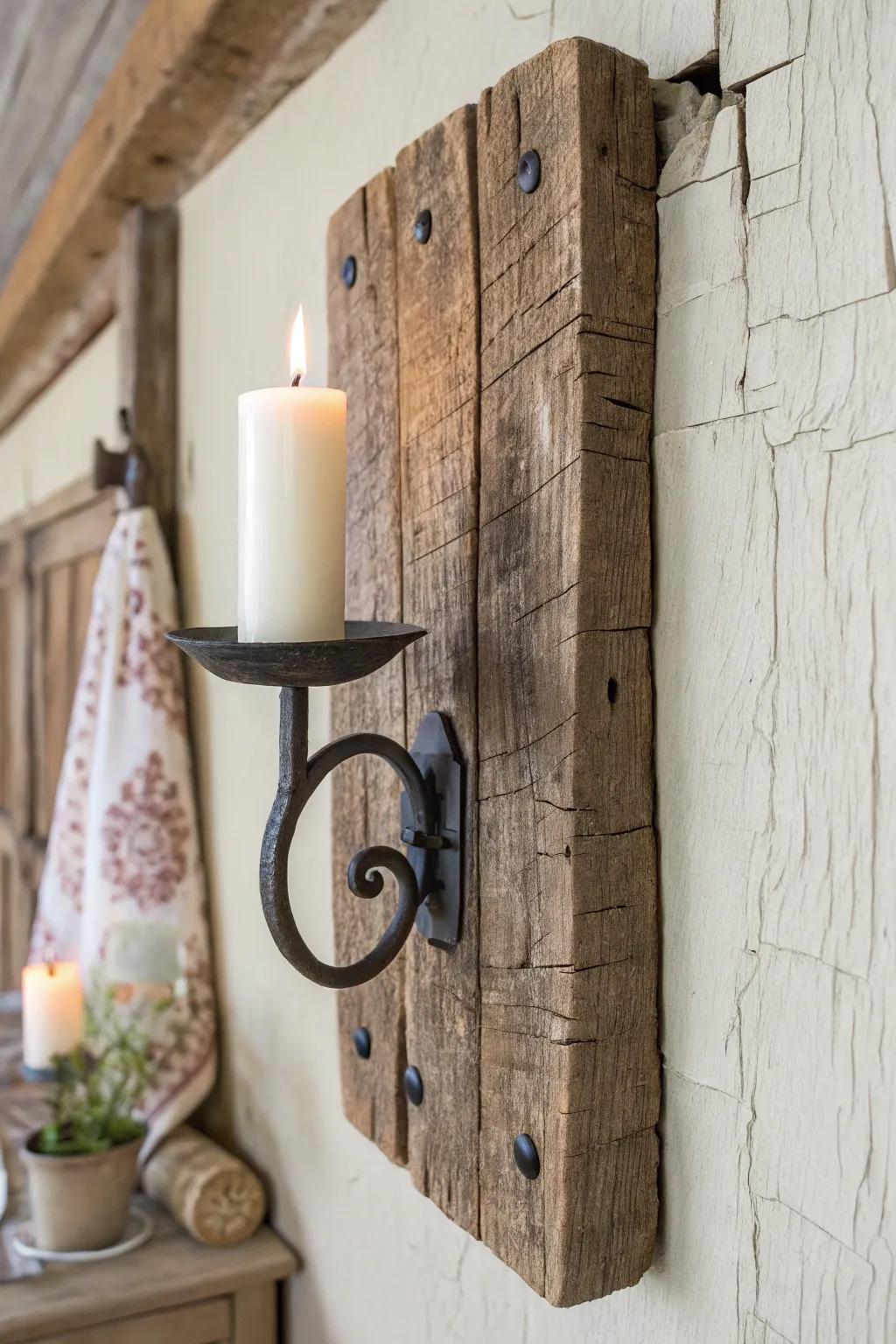 Rough reclaimed wood + black iron sconce for an instant medieval glow—minimal, warm, handmade.