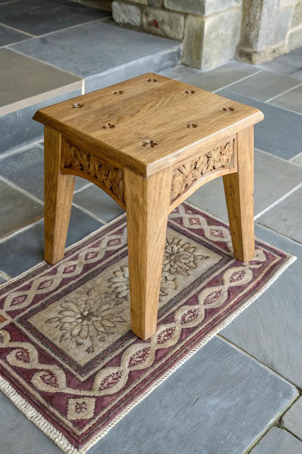 Layer ornate over neutral rugs to warm up stone floors—castle cozy with crafted oak charm.