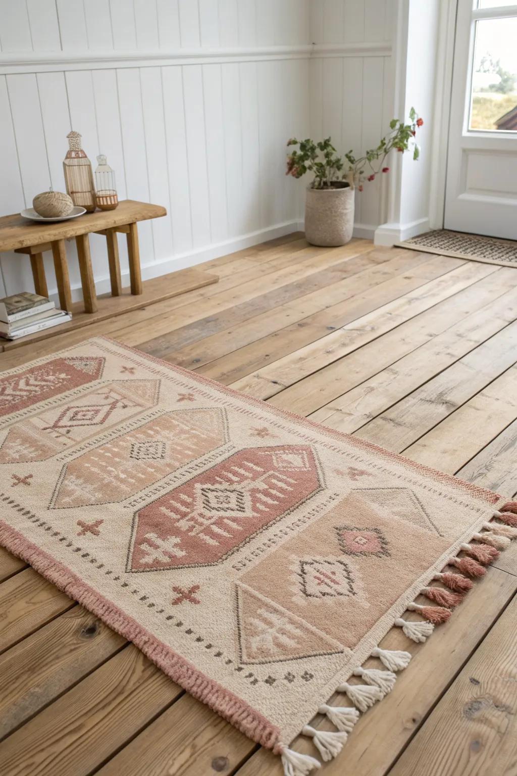 Layer rugs like a castle hall—worn wool base topped with a patterned kilim for warmth.
