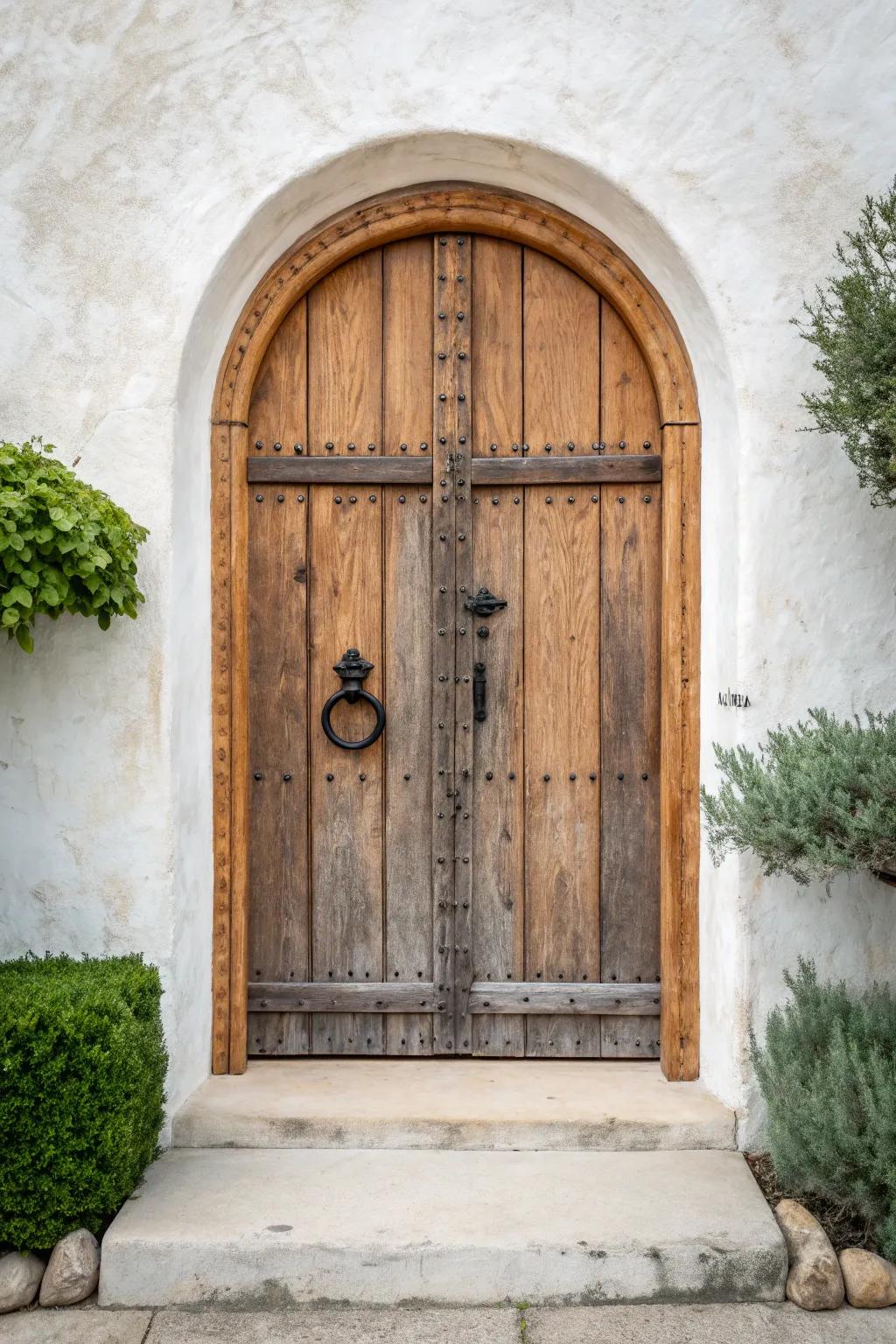 Aged patina and hand-rubbed wax turn new wood into a soulful Mediterranean-style entry.