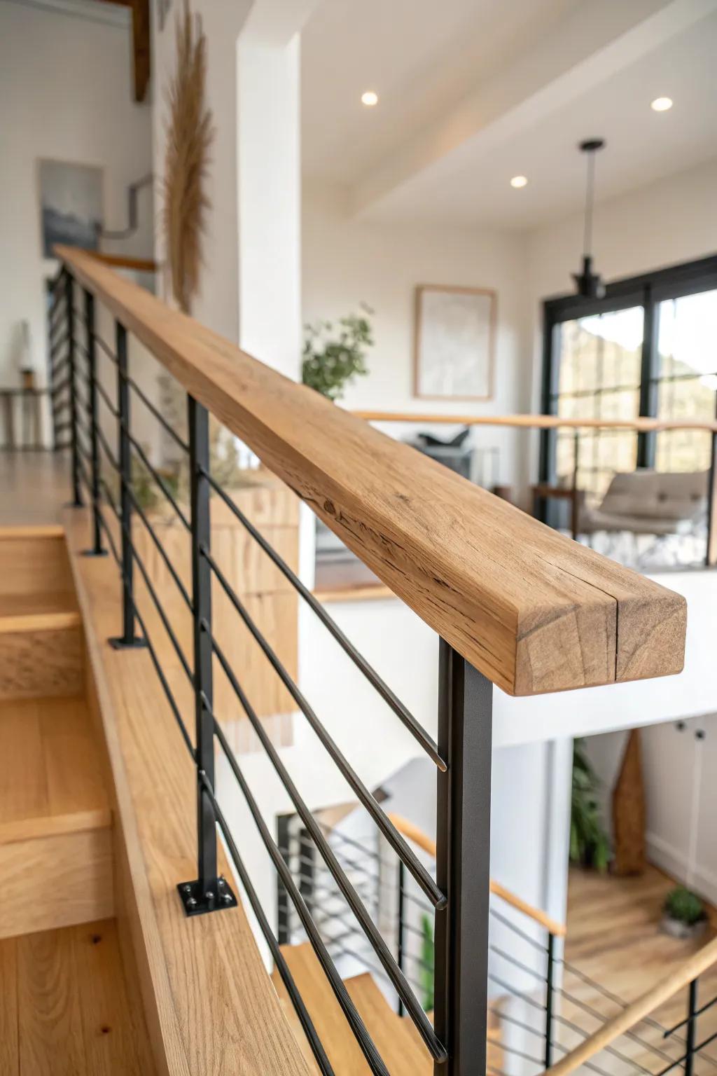 Live-edge oak cap rail on matte black steel—minimal, warm, and beautifully handcrafted.