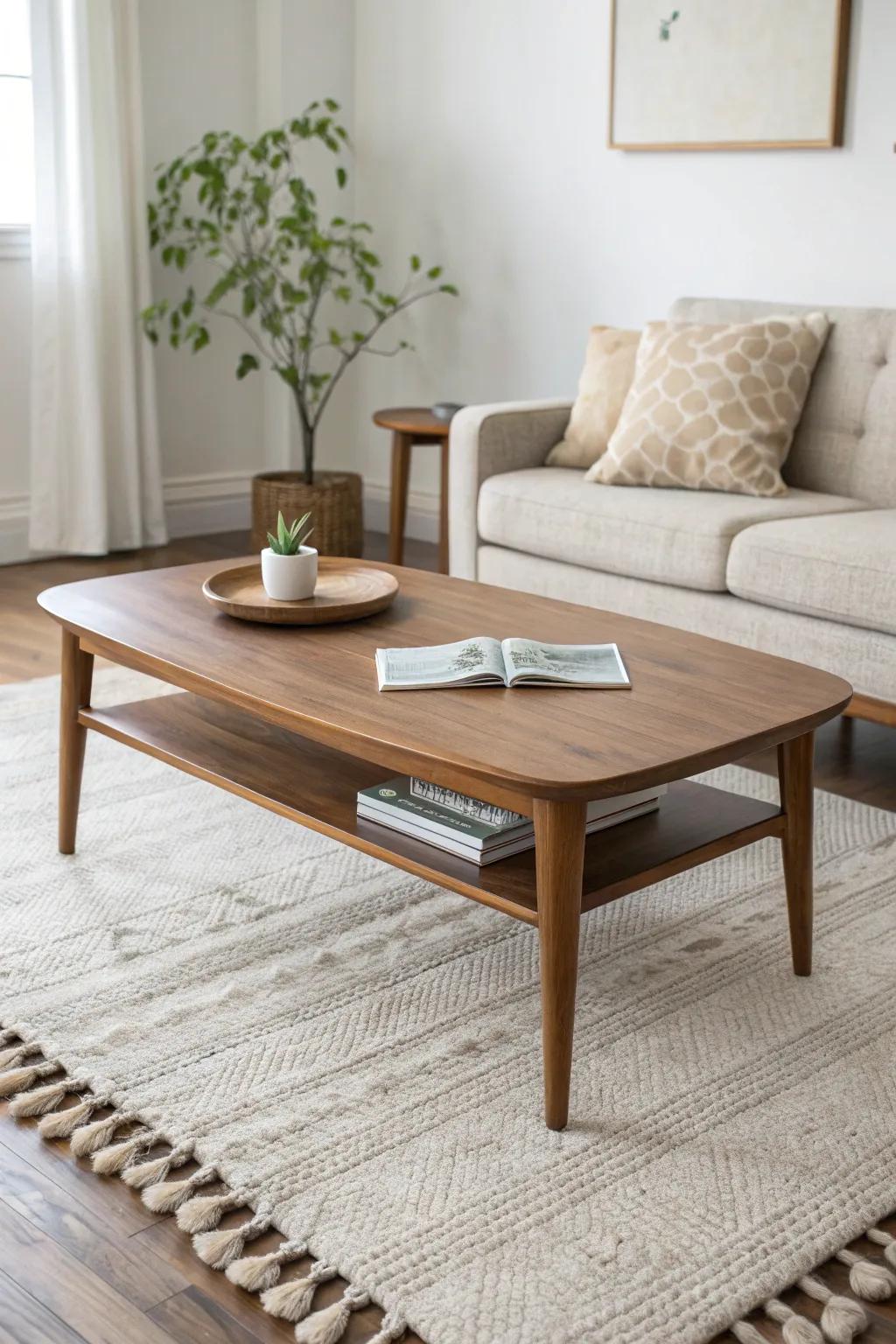 Layer a low walnut table over a plush rug for an instant mid‑century lounge mood.