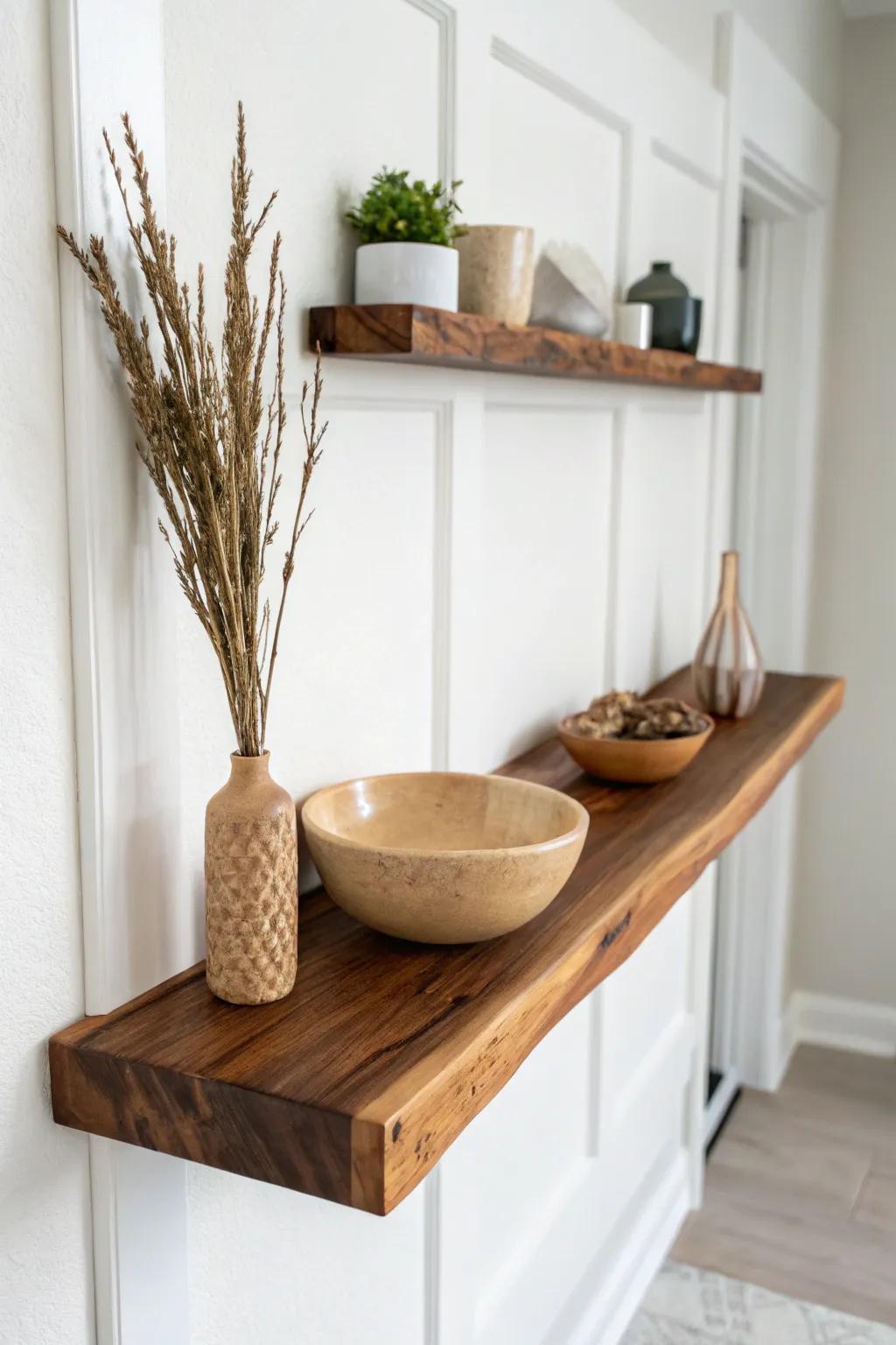 A walnut floating shelf makes a tiny mid-century drop zone—minimal, warm, and airy.