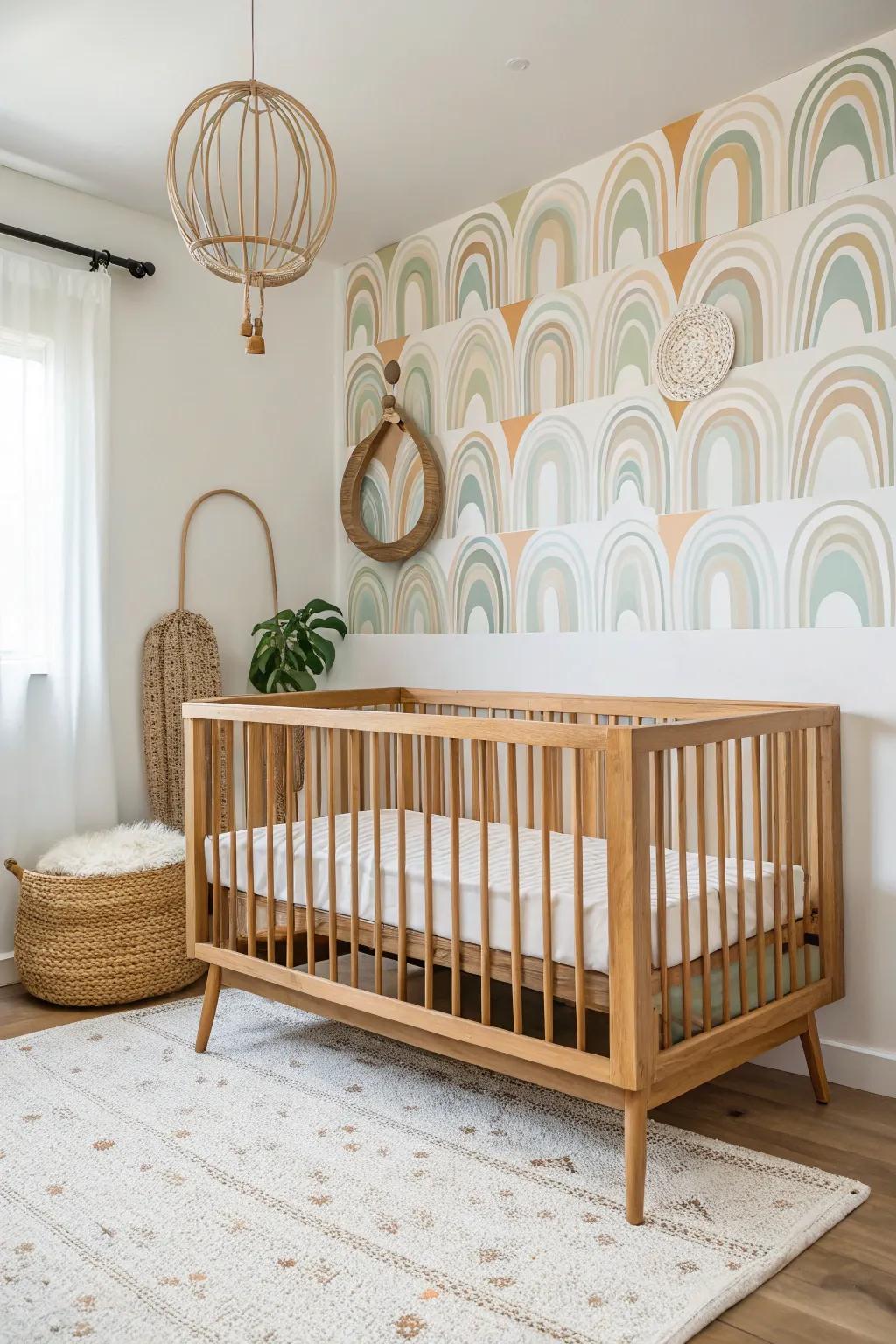 A single retro wallpaper panel behind an oak crib adds mid‑century charm without overwhelm.
