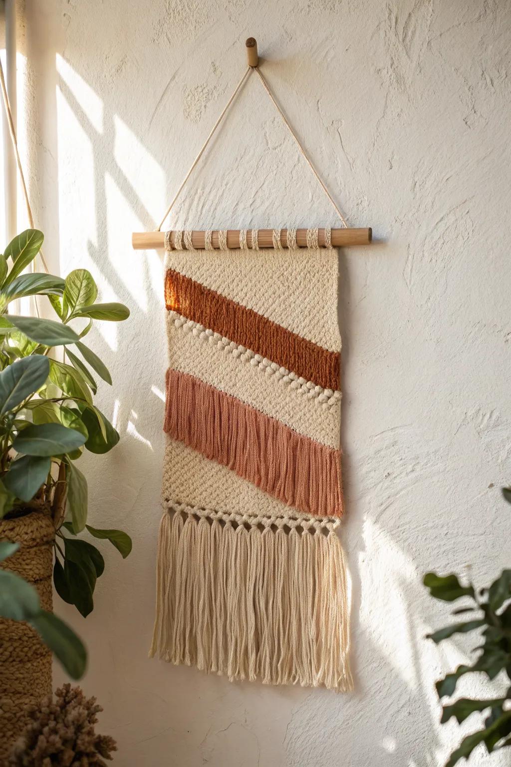 Warm woven wall hanging on an oak dowel—soft texture that lets the wood grain shine.