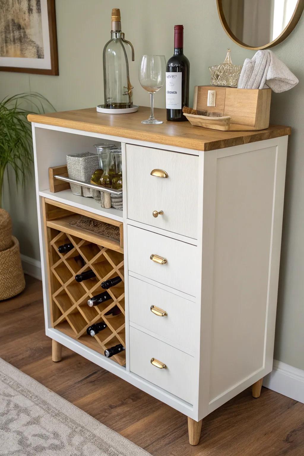 Upcycled dresser turned mini bar—wine grid, tidy drawers, Scandi-boho charm for cozy nights.