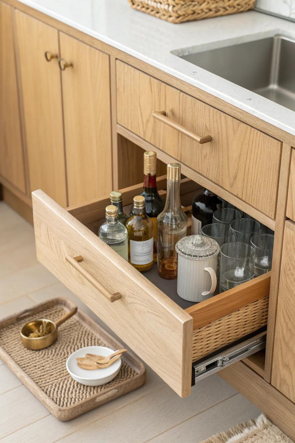 Stealthy pull-out pantry mini bar—slide out bottles and tools, then tuck everything away.