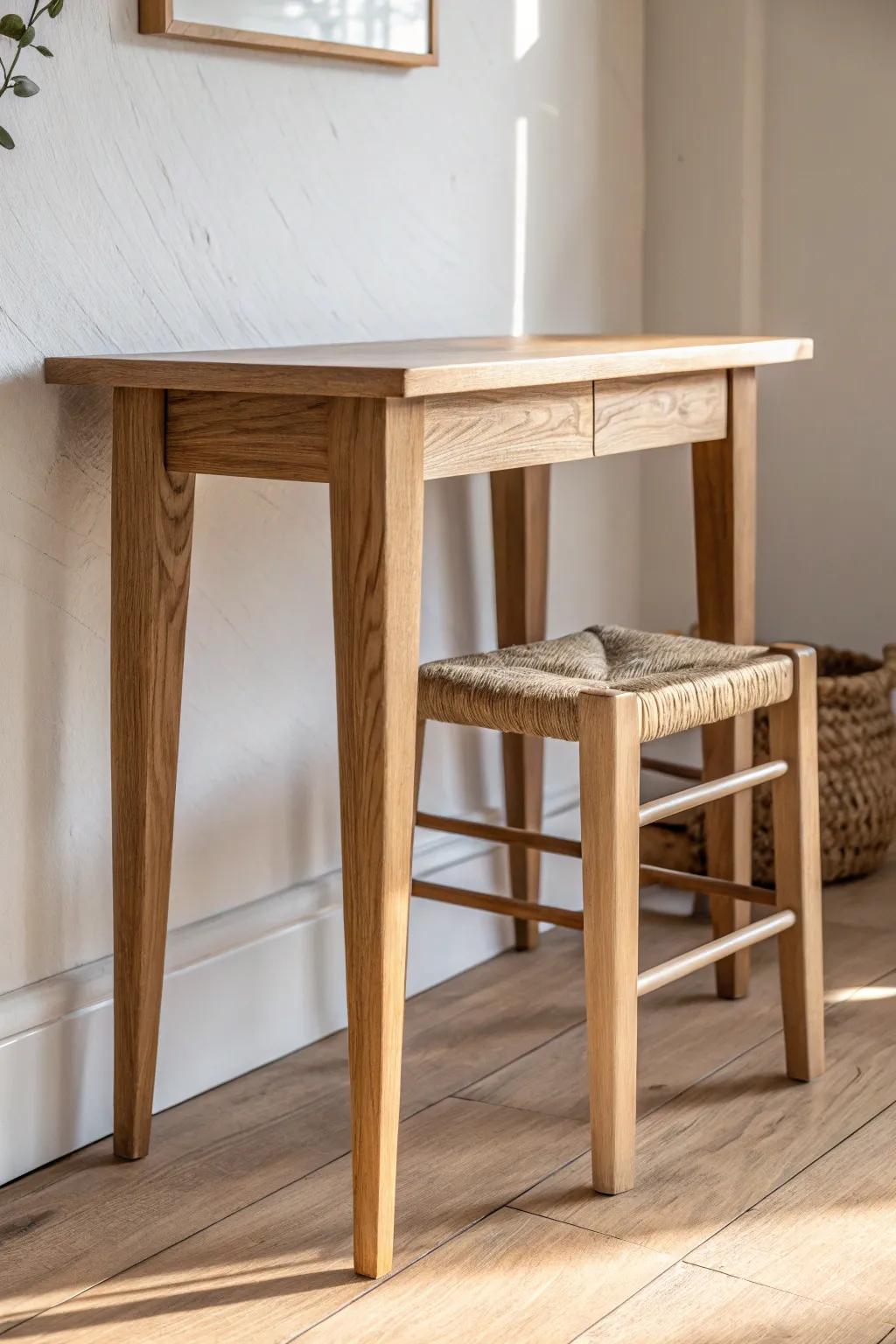 Tuck a simple oak stool under your console for quiet balance and zero tabletop clutter.
