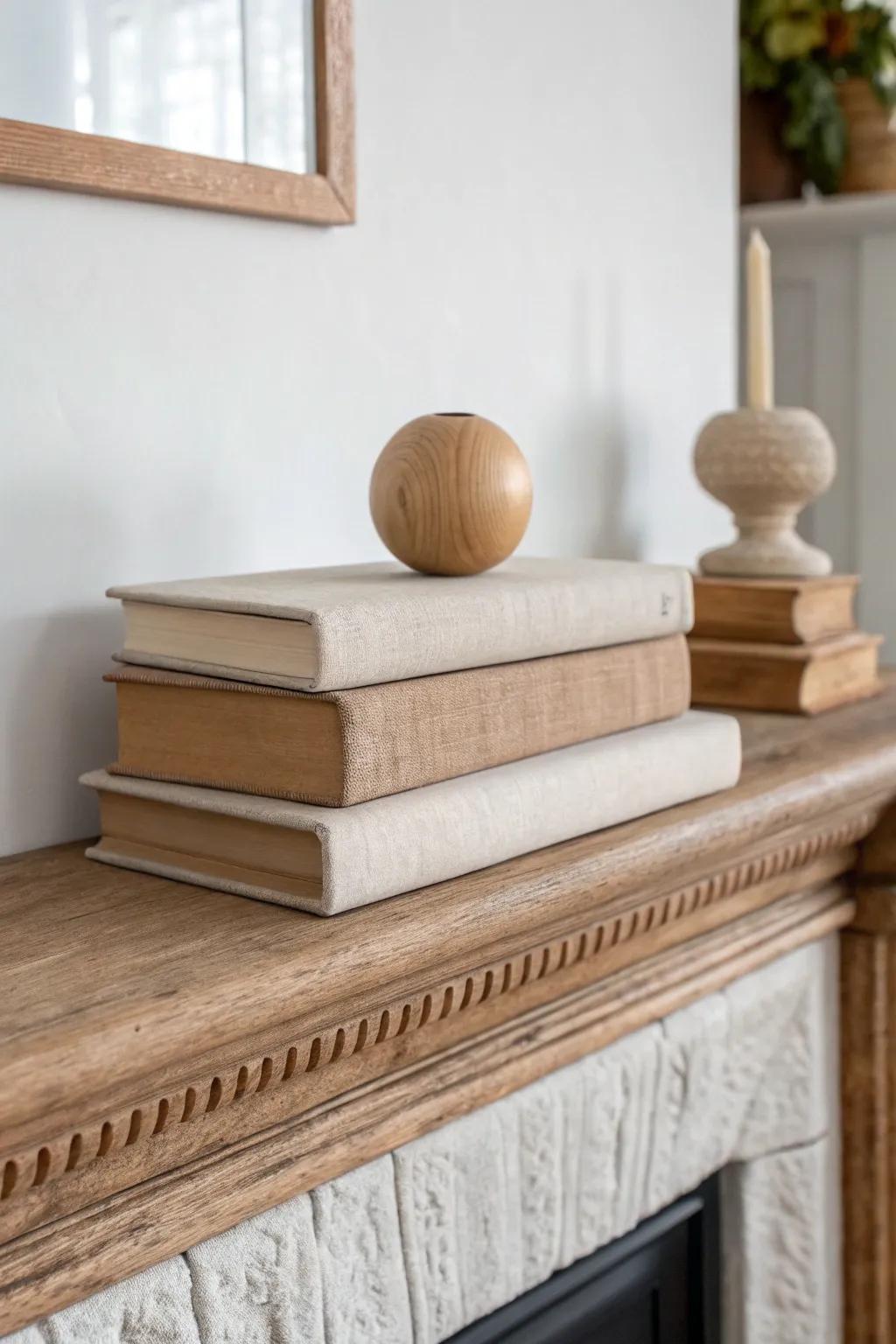 Two neutral books + one small wooden accent: effortless height and calm, clutter-free mantel.