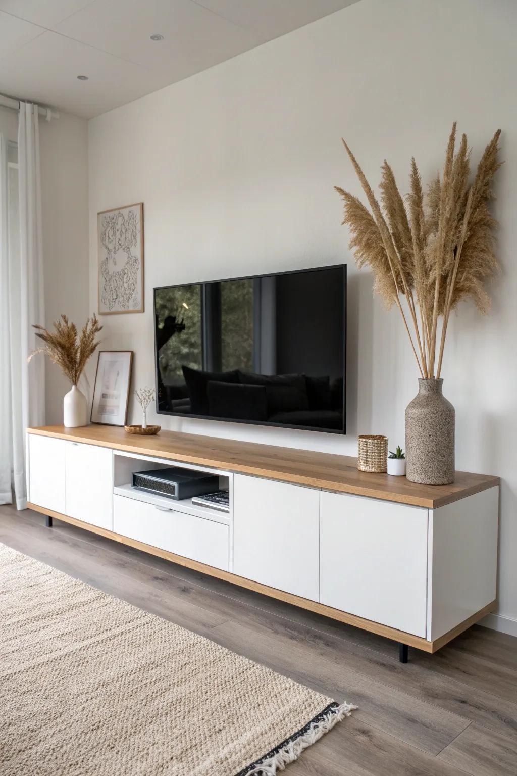 Wall-to-wall low built-in TV unit: one calm oak line for a custom, minimalist look.