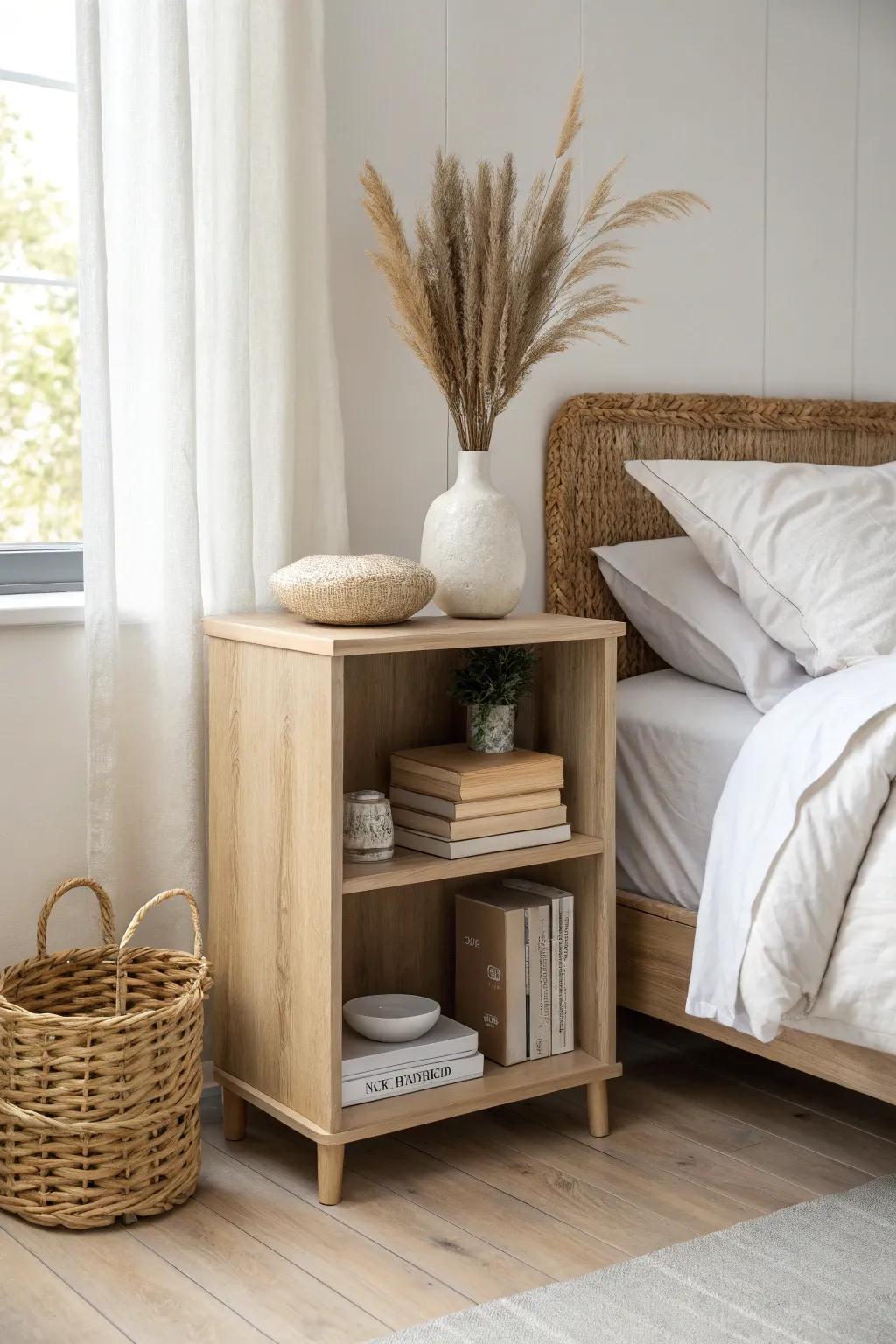 A tiny bookcase nightstand keeps clutter tucked away—perfectly mismatched and curated.