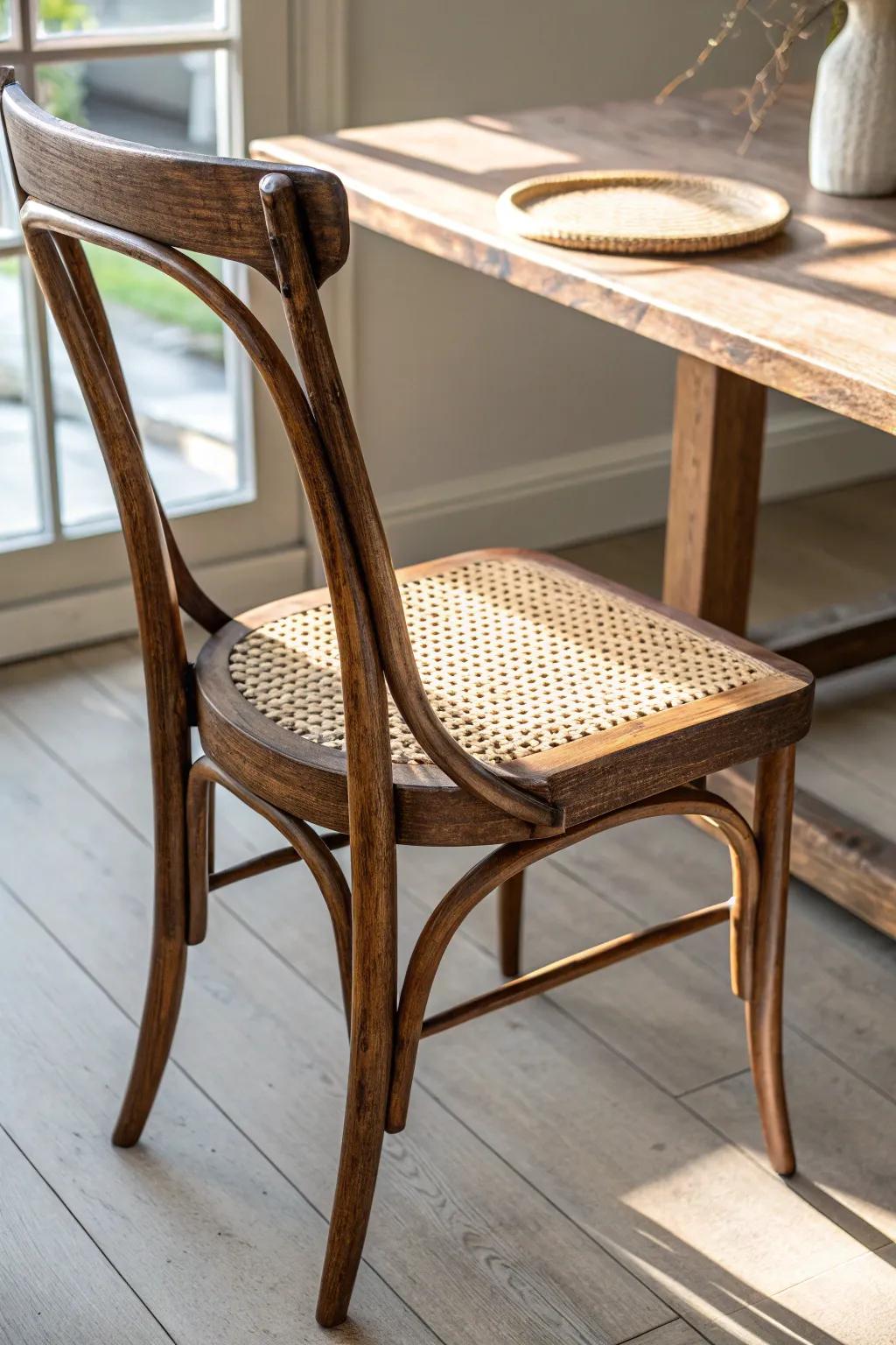 A vintage chair beside a sleek oak table—effortless old-meets-new dining room style.