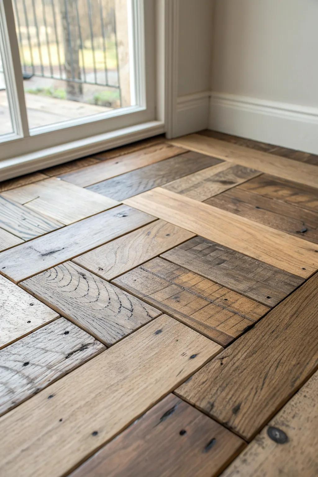Patchwork reclaimed boards: knots, nail marks, and clean planks for cozy farmhouse charm.